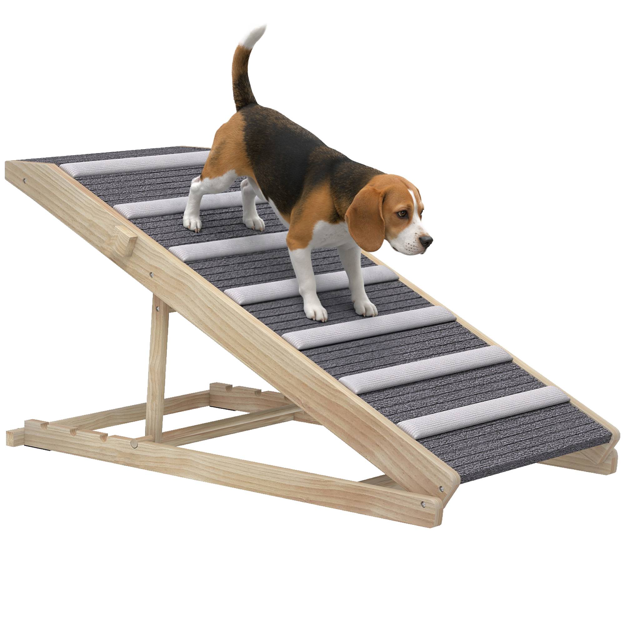 ComfortXL - Rampe pour chien pliable en pin massif naturel avec tapis gris 100 x 50 x 50 cm pour lit et voiture à hauteur réglable - Image 2