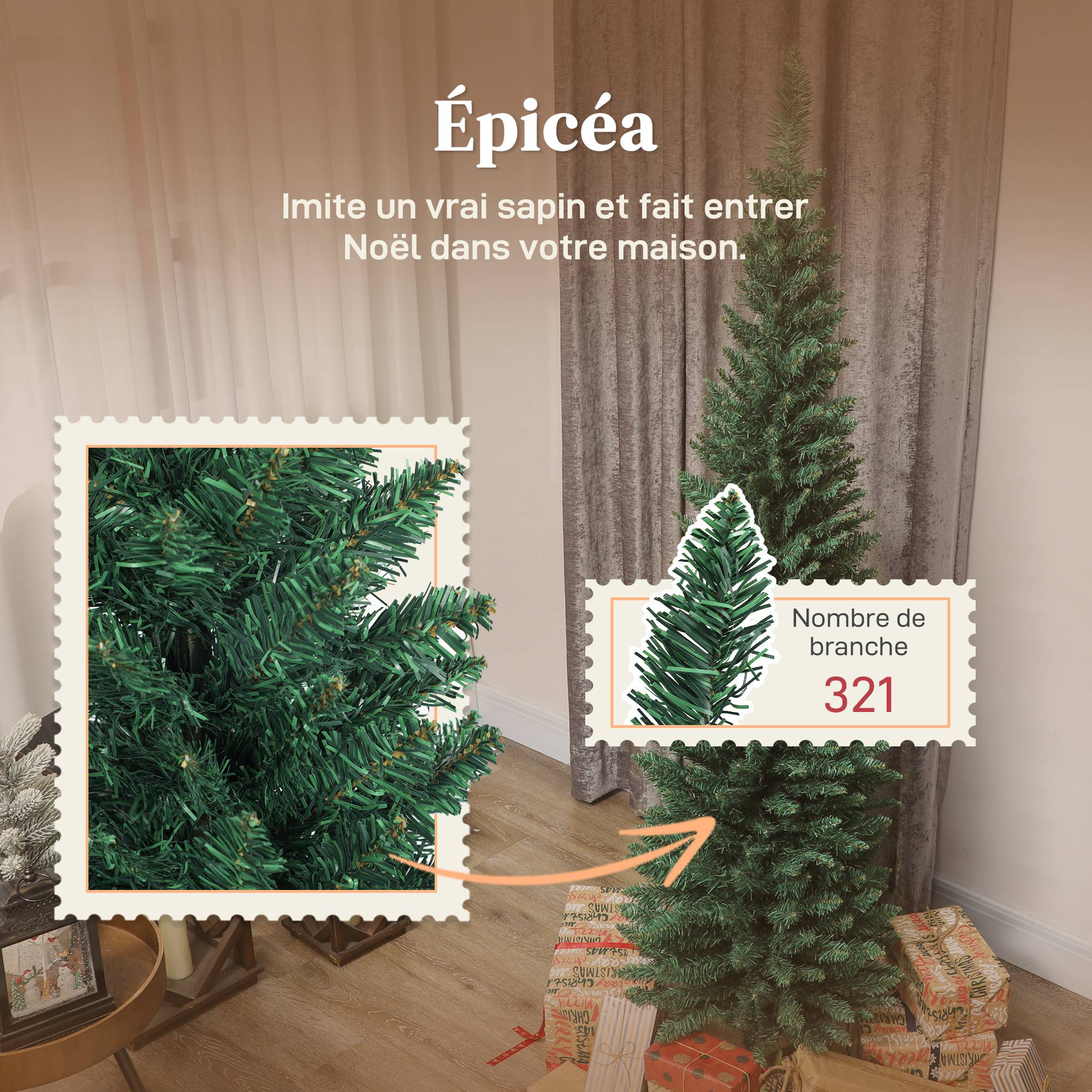 Sapin de Noël artificiel 180 cm, arbre de Noël slim, 321 pointes, facile à monter et ranger, pour maison bureau, vert - Image 7
