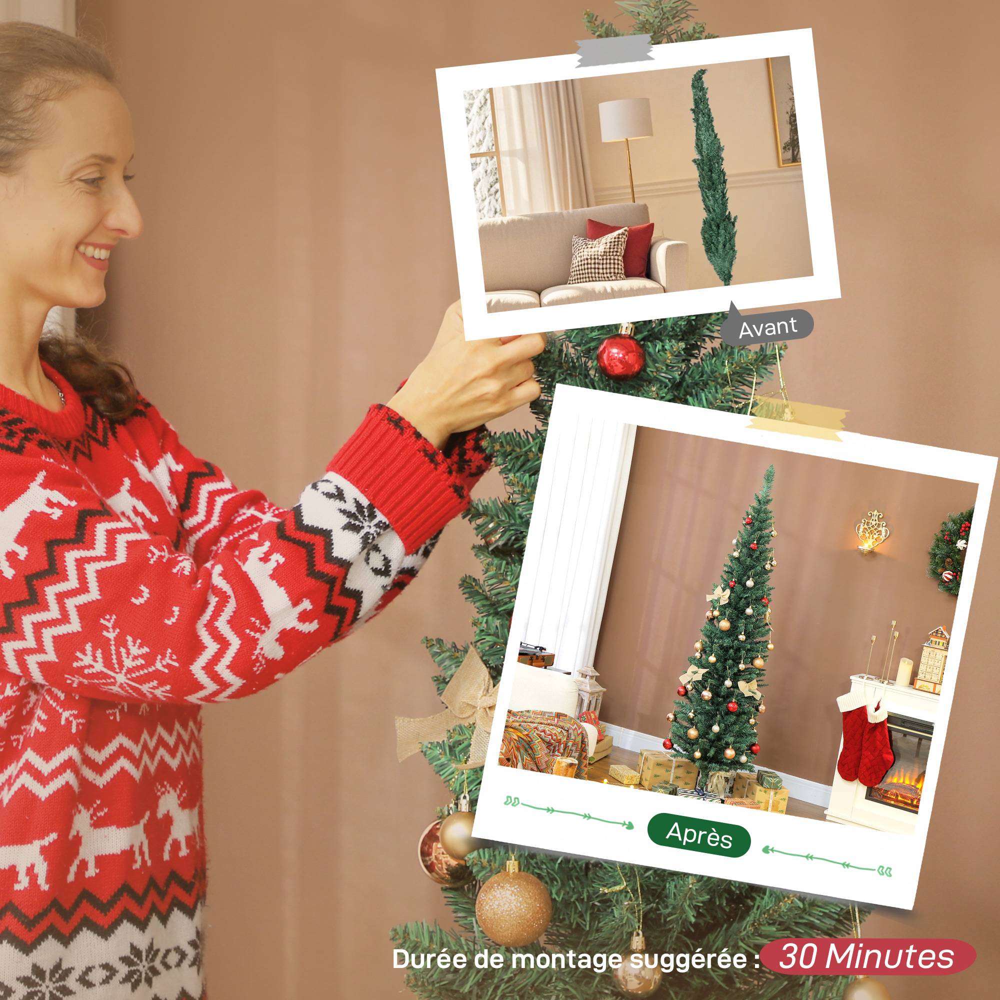 Sapin de Noël artificiel 180 cm, arbre de Noël slim, 321 pointes, facile à monter et ranger, pour maison bureau, vert - Image 8