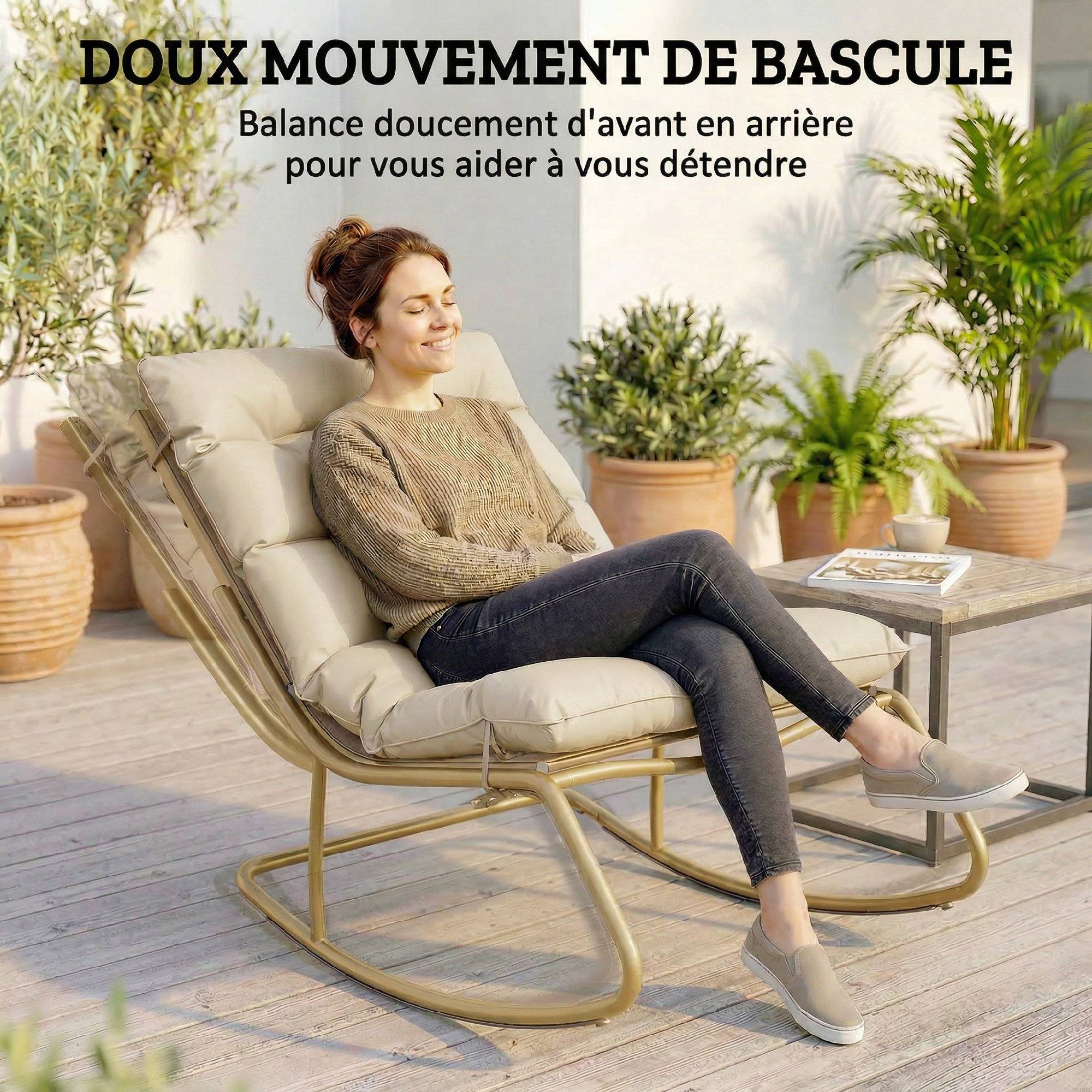 Fauteuil à Bascule Extérieur Coussin Moelleux 125cm Large 64cm en Acier et Textilène Beige et Doré - Image 6