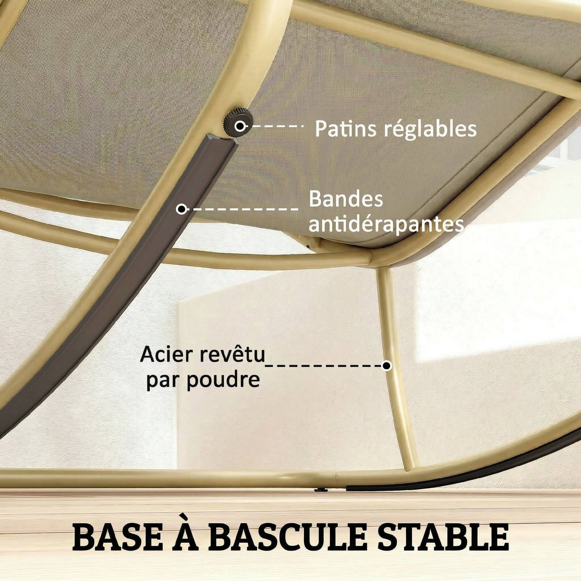 Fauteuil à Bascule Extérieur Coussin Moelleux 125cm Large 64cm en Acier et Textilène Beige et Doré - Image 9