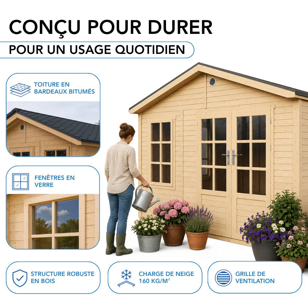 Timbela - Abri de jardin en bois - 21,97 m² - 630x382xH267 cm - sans plancher avec bardeaux bitumineux couleur gris - 17 mm d’épaisseur - Timbela M737A - Image 8