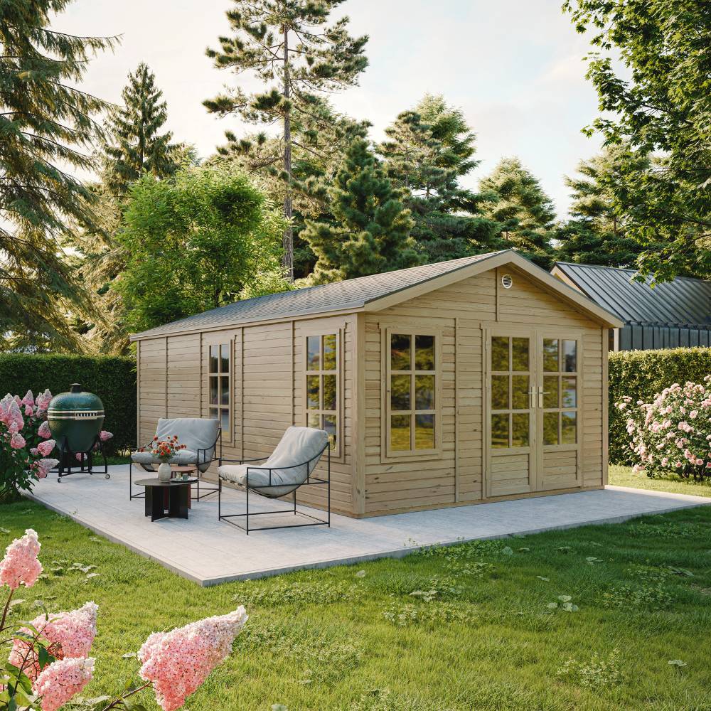 Timbela - Abri de jardin en bois - 21,97 m² - 630x382xH267 cm - sans plancher avec bardeaux bitumineux couleur gris - 17 mm d’épaisseur - Timbela M737A - Image 1