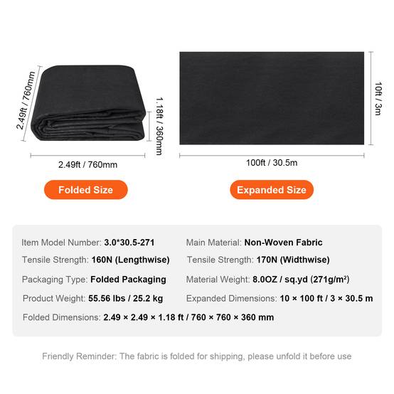 VEVOR Géotextile non tissé 3x30.5m 271g/m², perméable/résistant, pour drainage/aménagement/couvre-sol noir. - Image 7