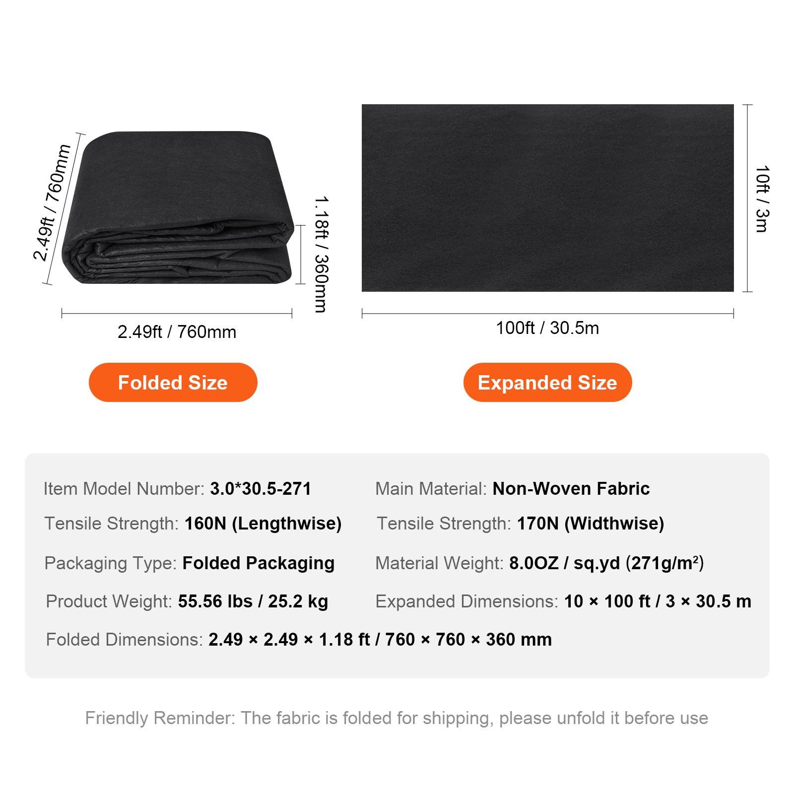 VEVOR Géotextile non tissé 3x30.5m 271g/m², perméable/résistant, pour drainage/aménagement/couvre-sol noir. - Image 7