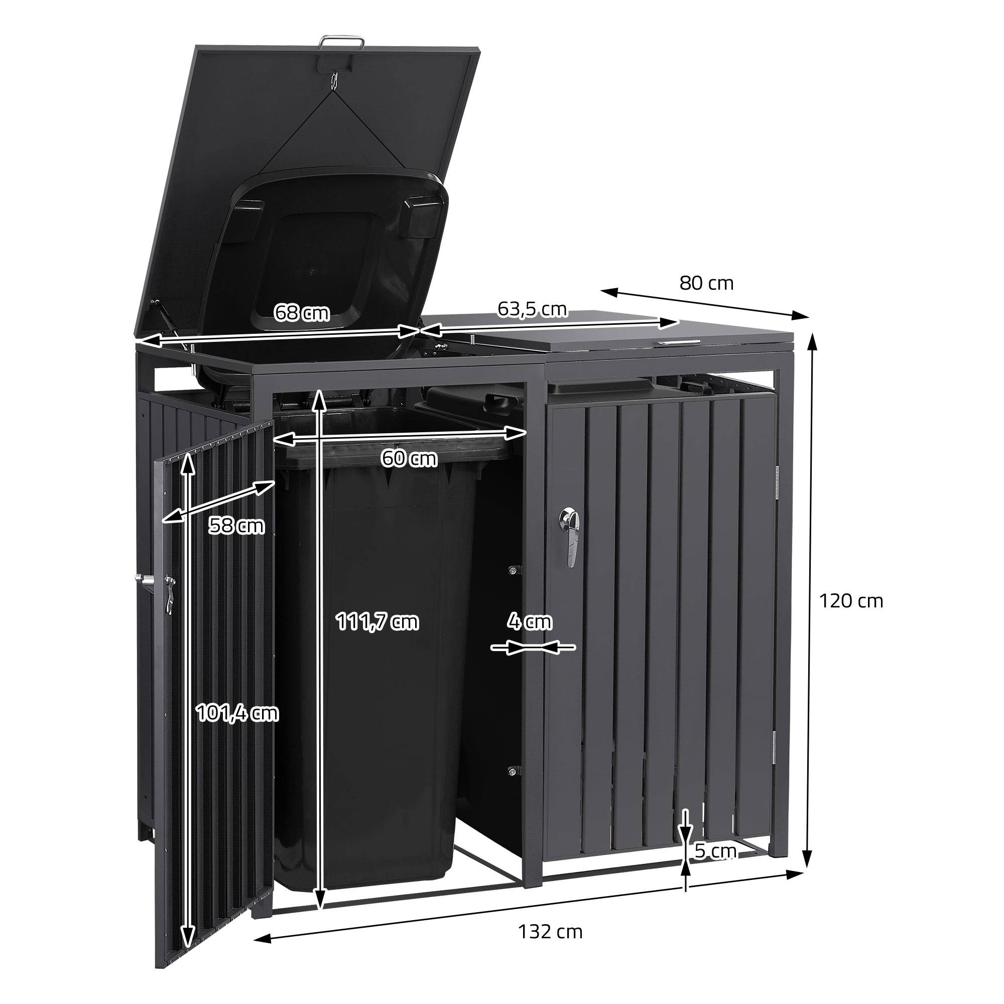 Ml-Design - Abri pour 2 poubelles 132x80x120 cm 60 à 240 litres par compartiment anthracite acier couvercle rabattable et 2 portes résistant aux intempéries - Imagen 8