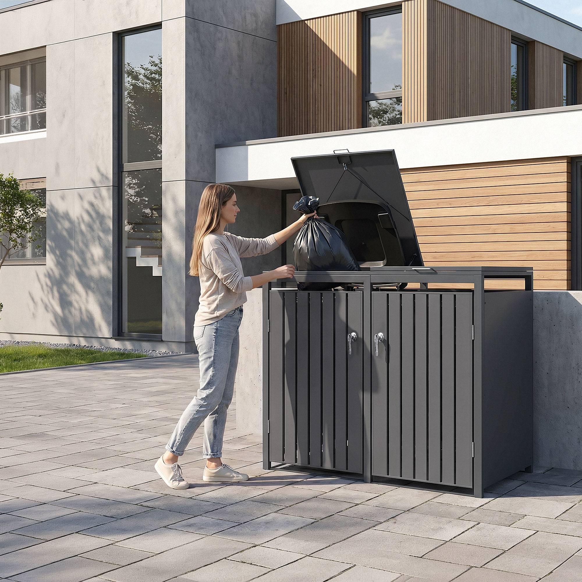 Ml-Design - Abri pour 2 poubelles 132x80x120 cm 60 à 240 litres par compartiment anthracite acier couvercle rabattable et 2 portes résistant aux intempéries - Imagen 10