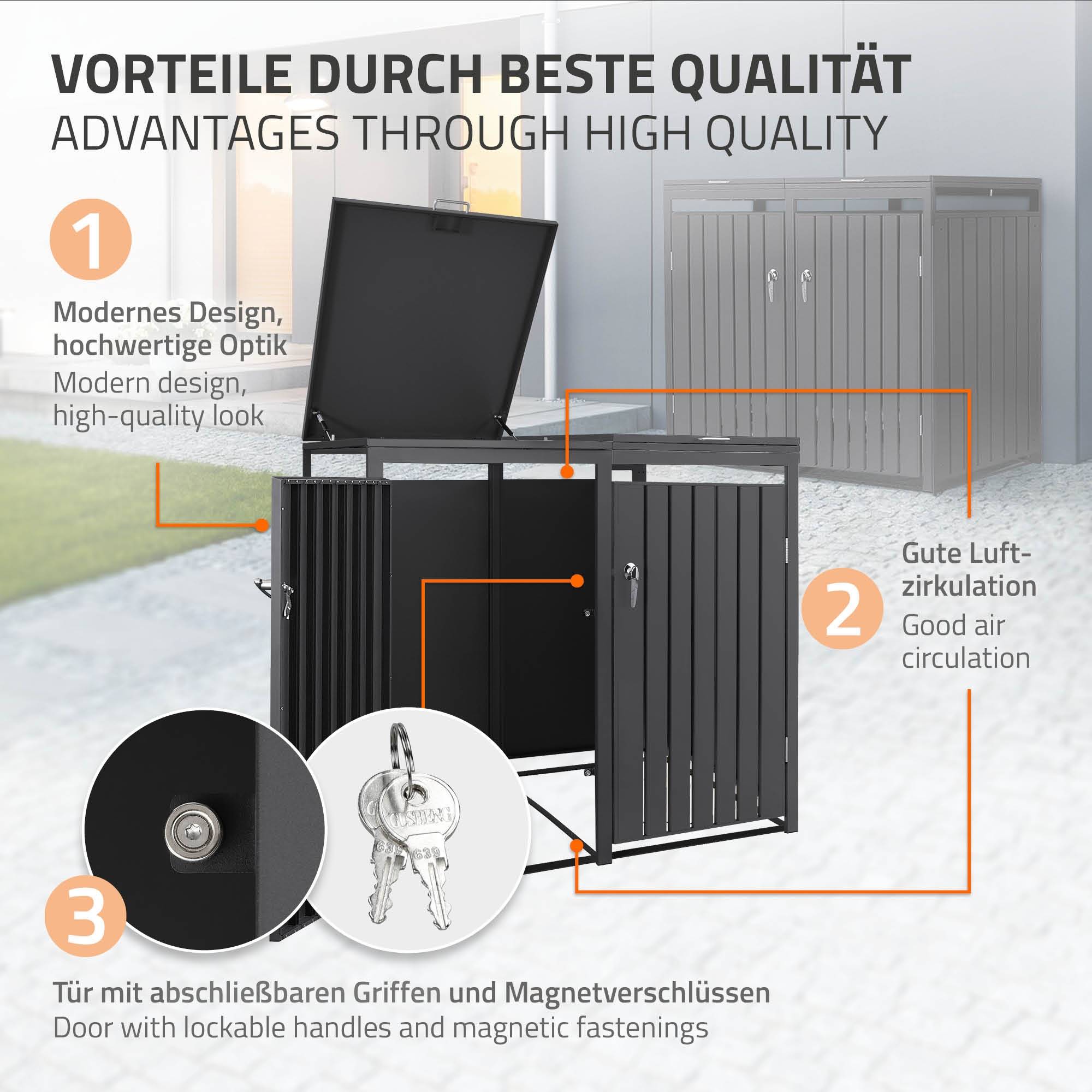 Ml-Design - Abri pour 2 poubelles 132x80x120 cm 60 à 240 litres par compartiment anthracite acier couvercle rabattable et 2 portes résistant aux intempéries - Imagen 3