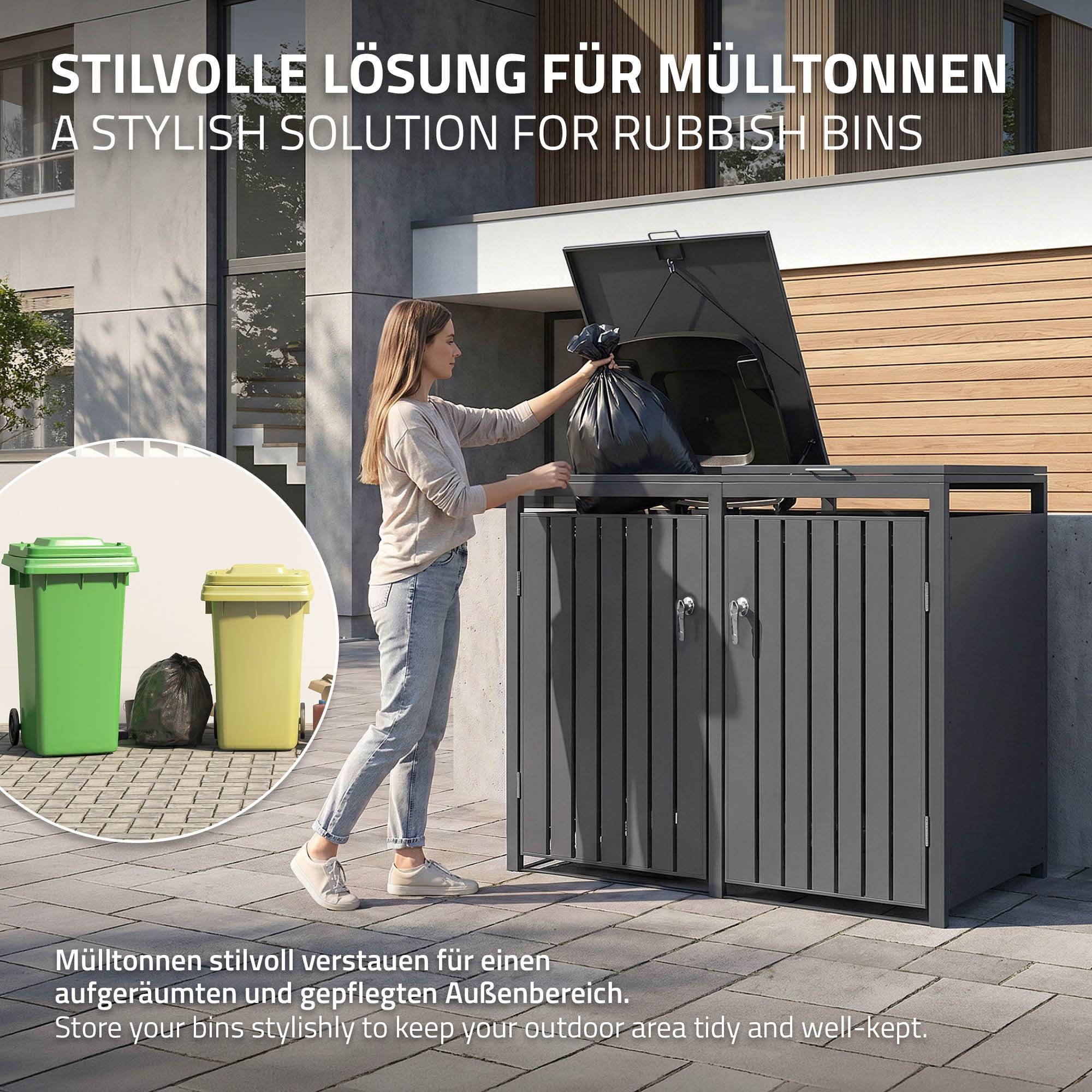 Ml-Design - Abri pour 2 poubelles 132x80x120 cm 60 à 240 litres par compartiment anthracite acier couvercle rabattable et 2 portes résistant aux intempéries - Imagen 5