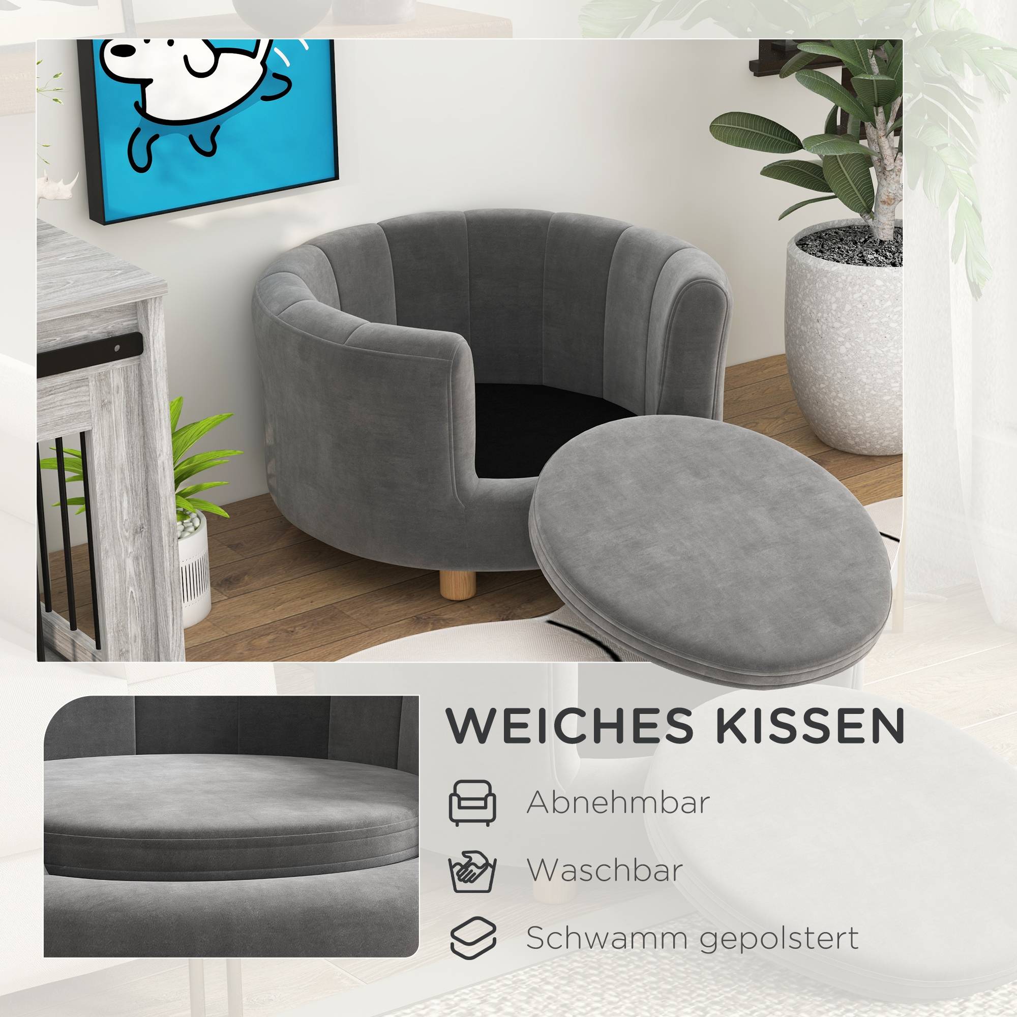 ComfortXL - Canapé pour chien et chat polyester 65 x 64 x 37 cm gris sur pieds bois coussin amovible dossier enveloppant - Image 6