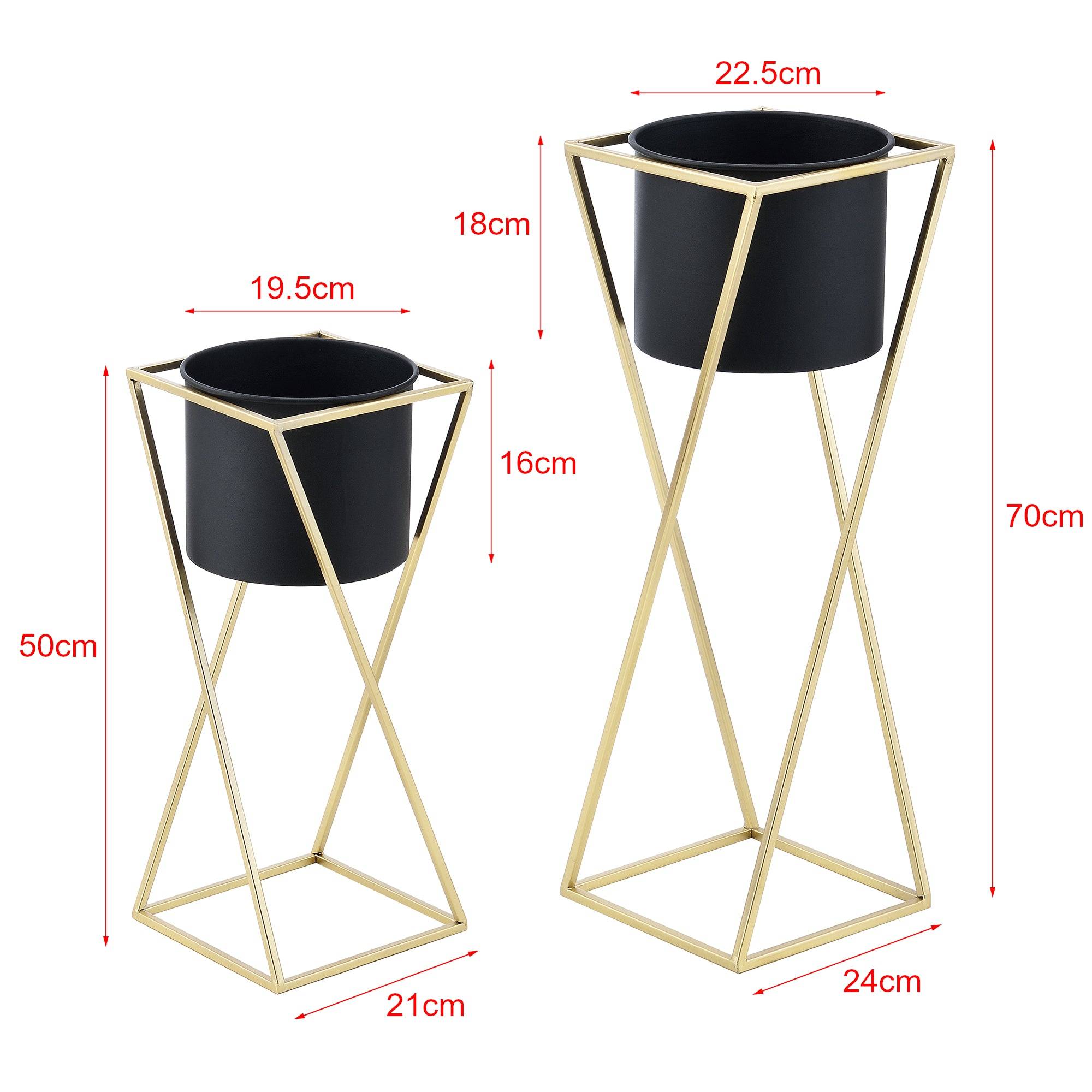 Helloshop26 - Lot de 2 supports de plantes ensemble pot de fleur set cache-pot ensemble bac à fleurs vase métal tailles différentes doré noir - Imagen 1