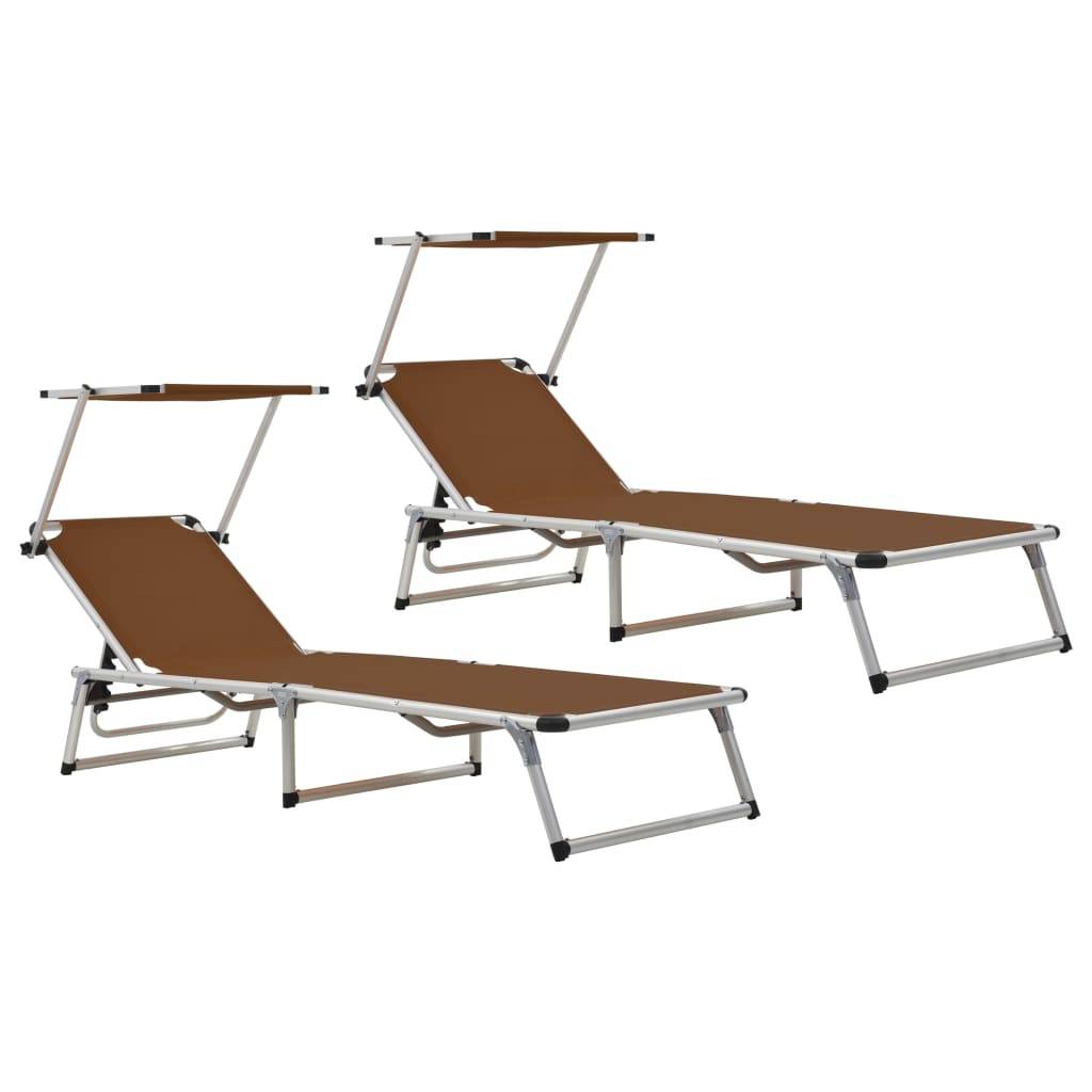 Helloshop26 - Lot de deux chaises longues pliables toit aluminium textilène marron - Imagen 1