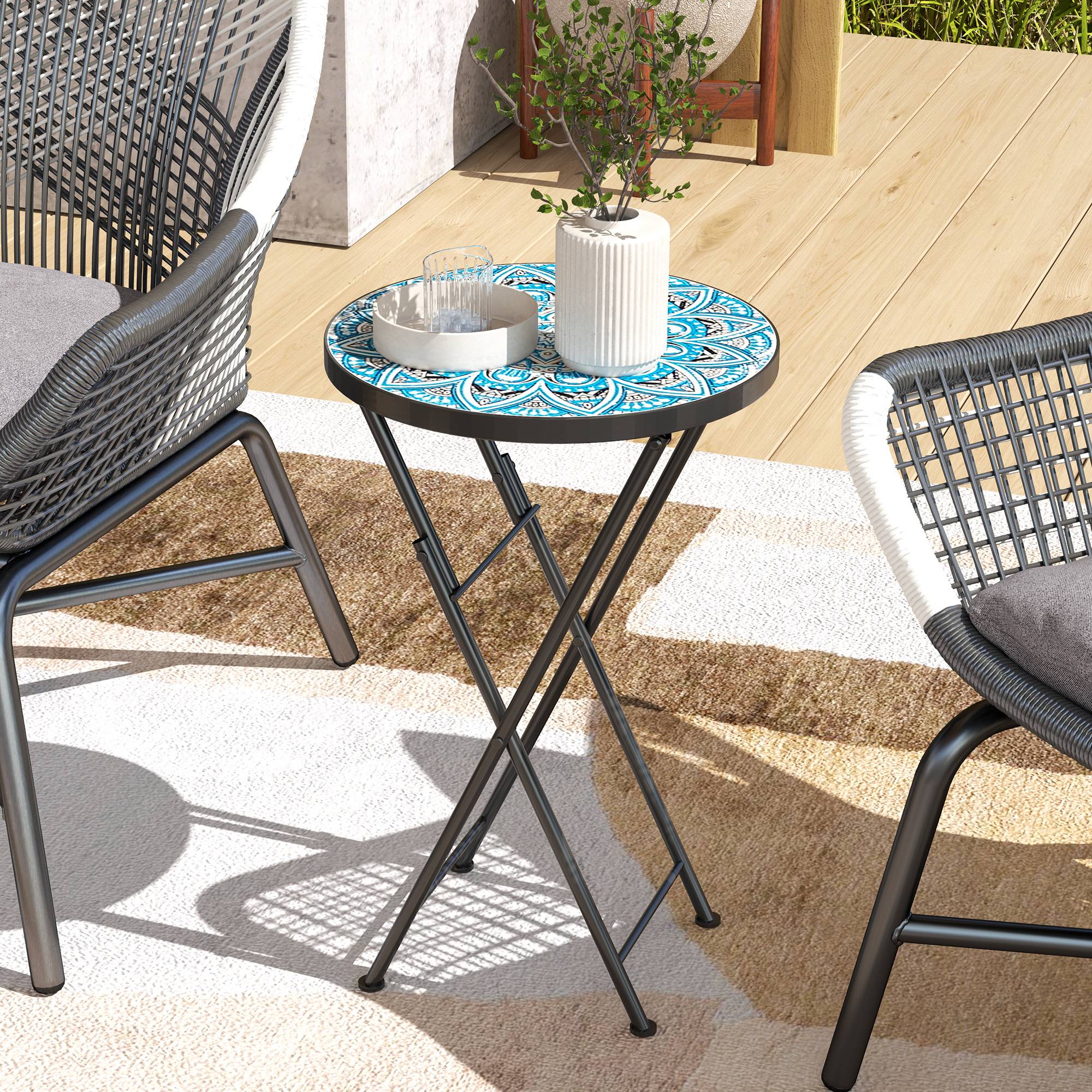 Table d'appoint ronde pliante métal céramique pour balcon motif mosaïque bleu 35x55cm - ComfortXL Outdoor Living - Image 4