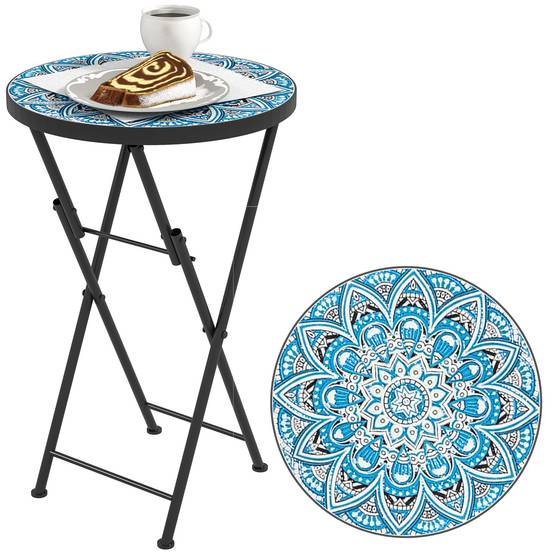 Table d'appoint ronde pliante métal céramique pour balcon motif mosaïque bleu 35x55cm - ComfortXL Outdoor Living - Image 1