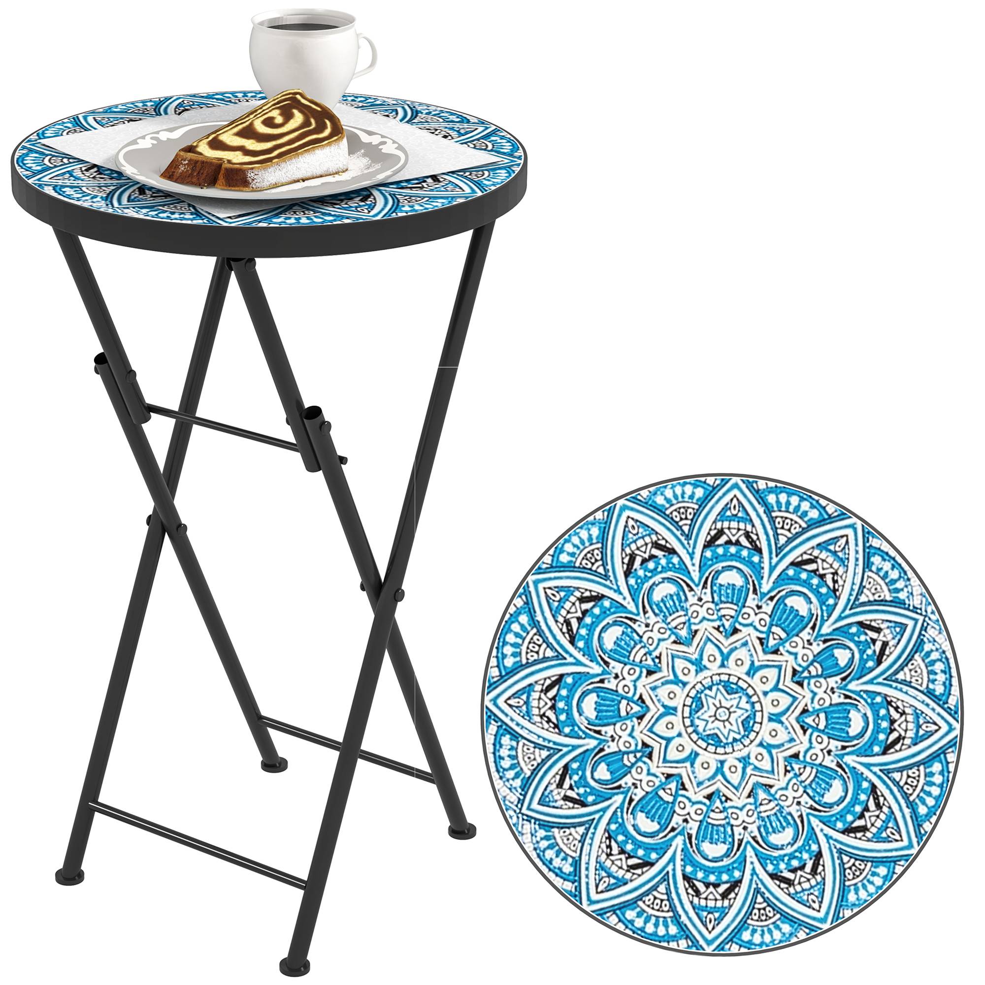 Table d'appoint ronde pliante métal céramique pour balcon motif mosaïque bleu 35x55cm - ComfortXL Outdoor Living - Image 1