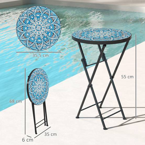 Table d'appoint ronde pliante métal céramique pour balcon motif mosaïque bleu 35x55cm - ComfortXL Outdoor Living - Image 5