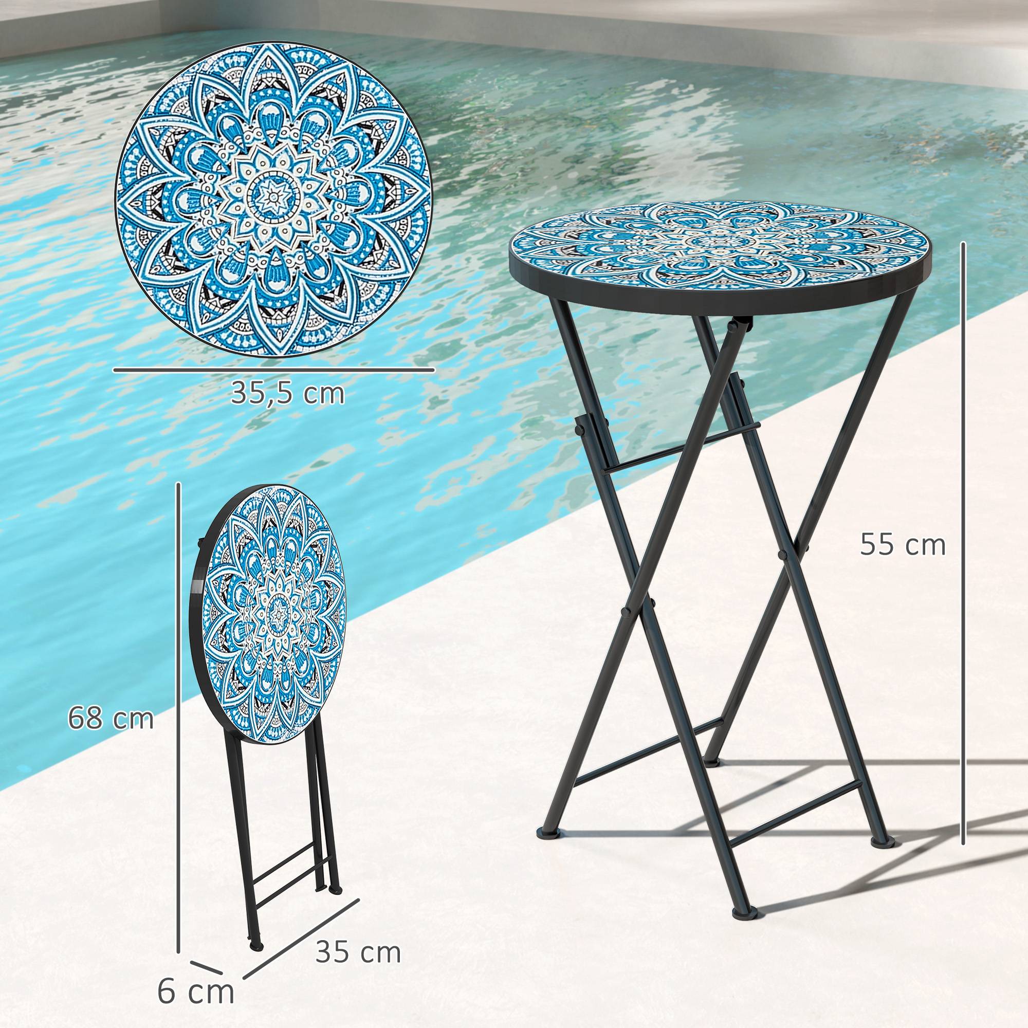 Table d'appoint ronde pliante métal céramique pour balcon motif mosaïque bleu 35x55cm - ComfortXL Outdoor Living - Image 5