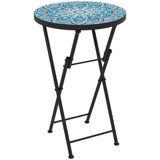 Table d'appoint ronde pliante métal céramique pour balcon motif mosaïque bleu 35x55cm - ComfortXL Outdoor Living - Image 2