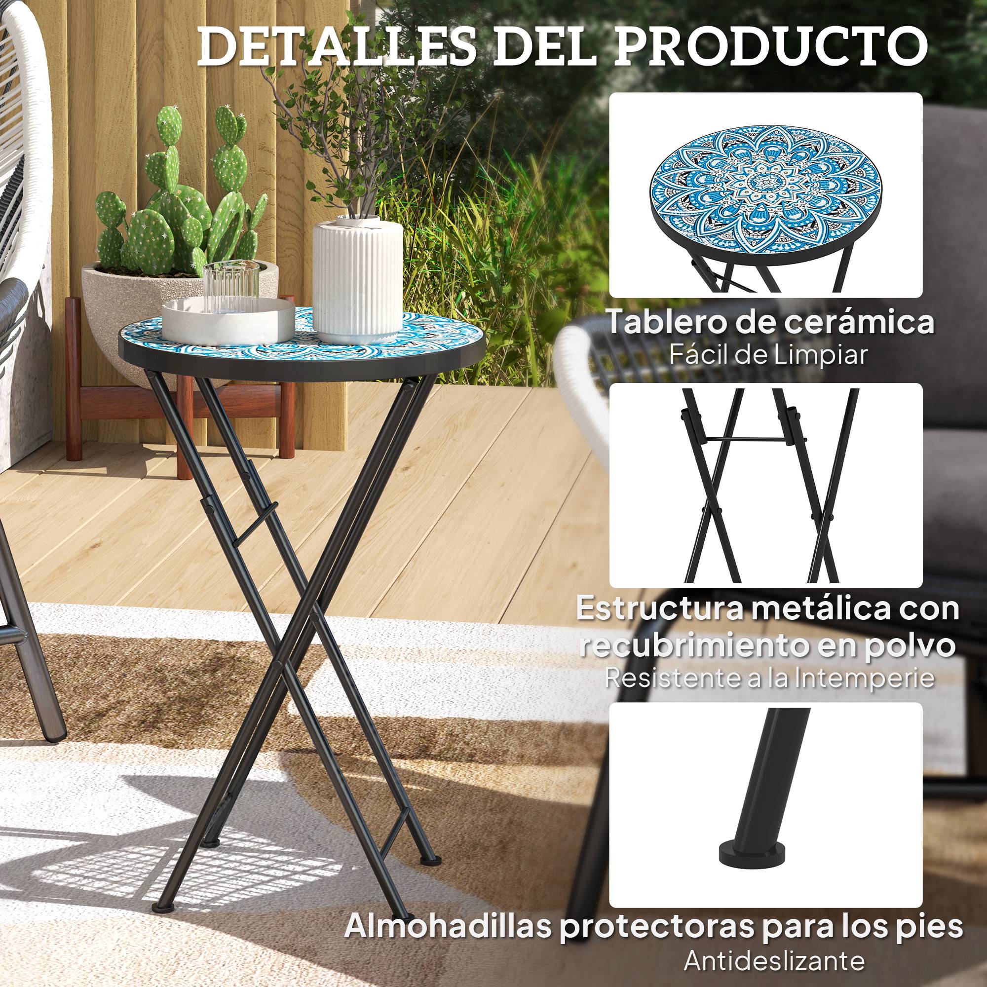 Table d'appoint ronde pliante métal céramique pour balcon motif mosaïque bleu 35x55cm - ComfortXL Outdoor Living - Image 8