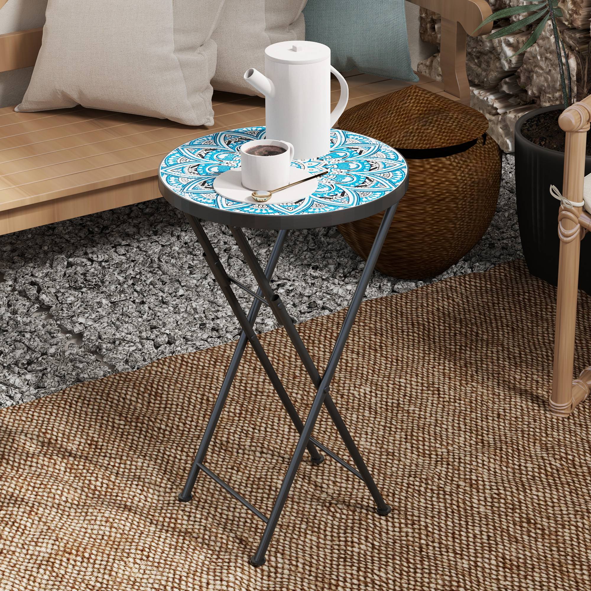 Table d'appoint ronde pliante métal céramique pour balcon motif mosaïque bleu 35x55cm - ComfortXL Outdoor Living - Image 10