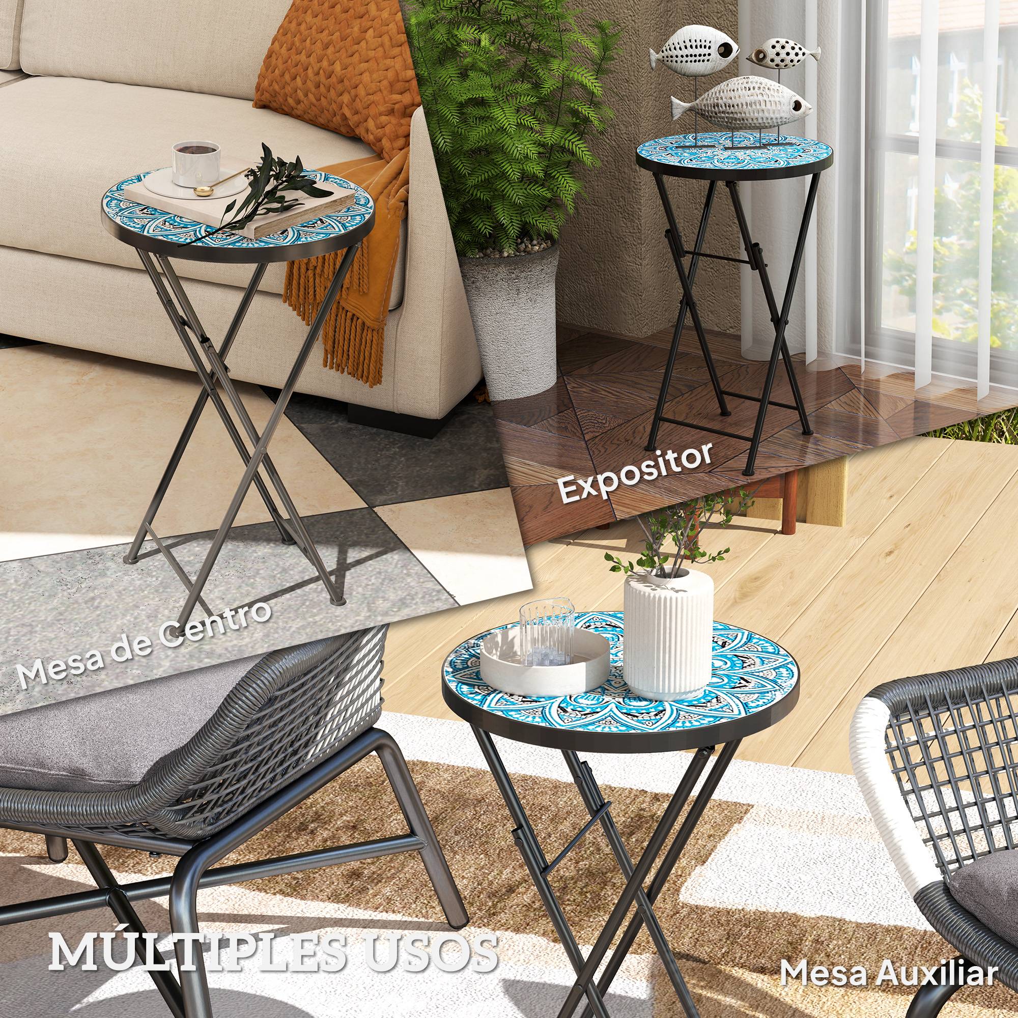 Table d'appoint ronde pliante métal céramique pour balcon motif mosaïque bleu 35x55cm - ComfortXL Outdoor Living - Image 9