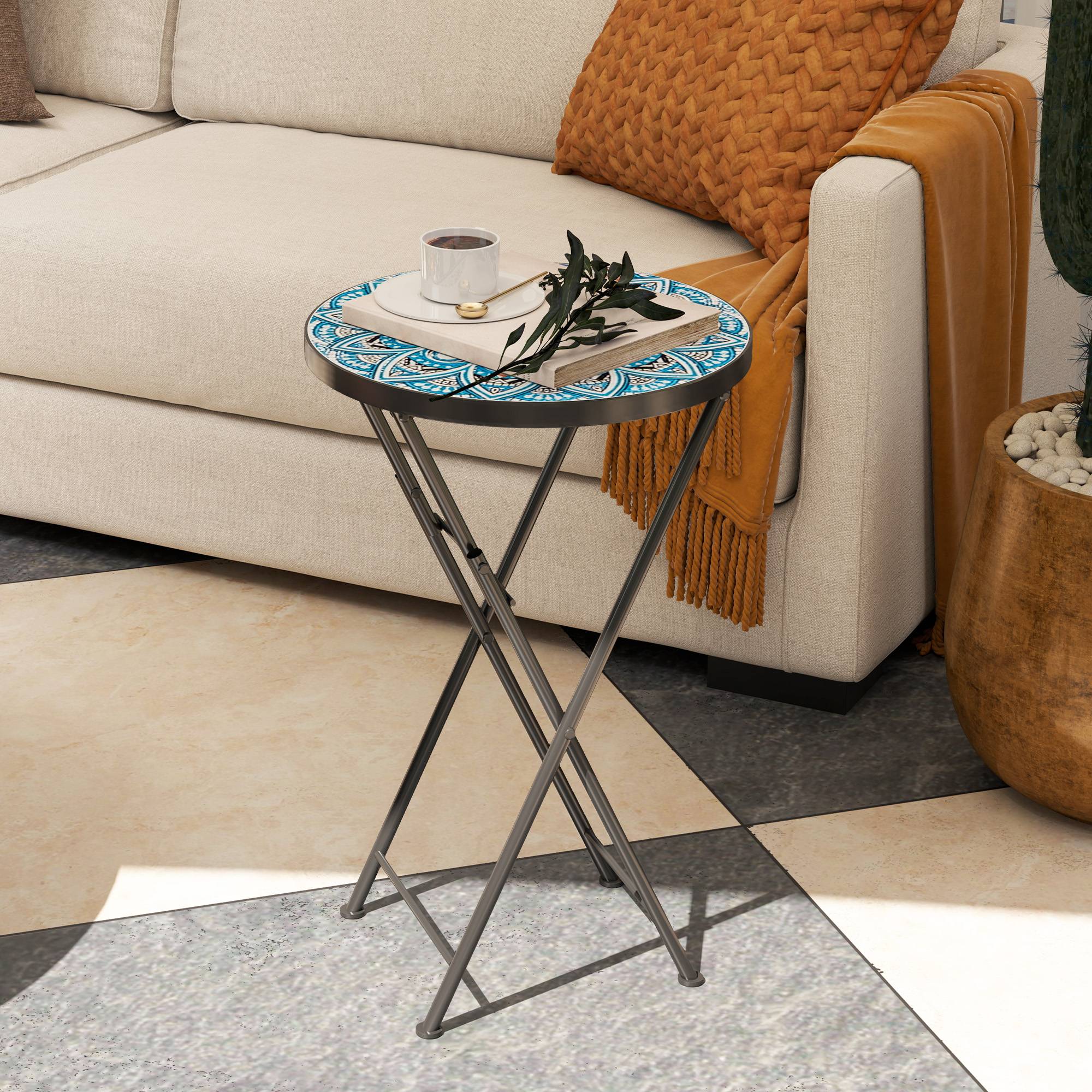 Table d'appoint ronde pliante métal céramique pour balcon motif mosaïque bleu 35x55cm - ComfortXL Outdoor Living - Image 3