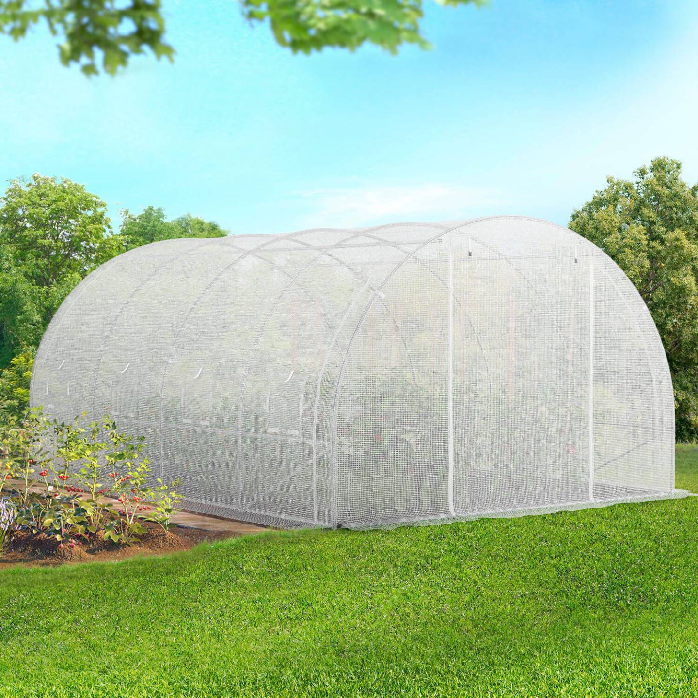 IDMARKET - Bâche de rechange pour serre de jardin tunnel 12m² 4 x 3 x 2 m anti-UV avec porte et fenêtres ZEBRA blanche toutes saisons - Image 2