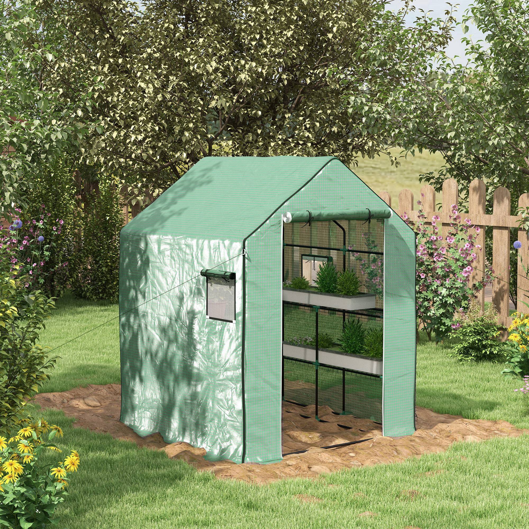 Outsunny - Serre de jardin PE avec étagères 3 niveaux, bâche 135g/m², porte zippée enroulable pour plantes 140x73x190cm acier vert - Outsunny - Image 2
