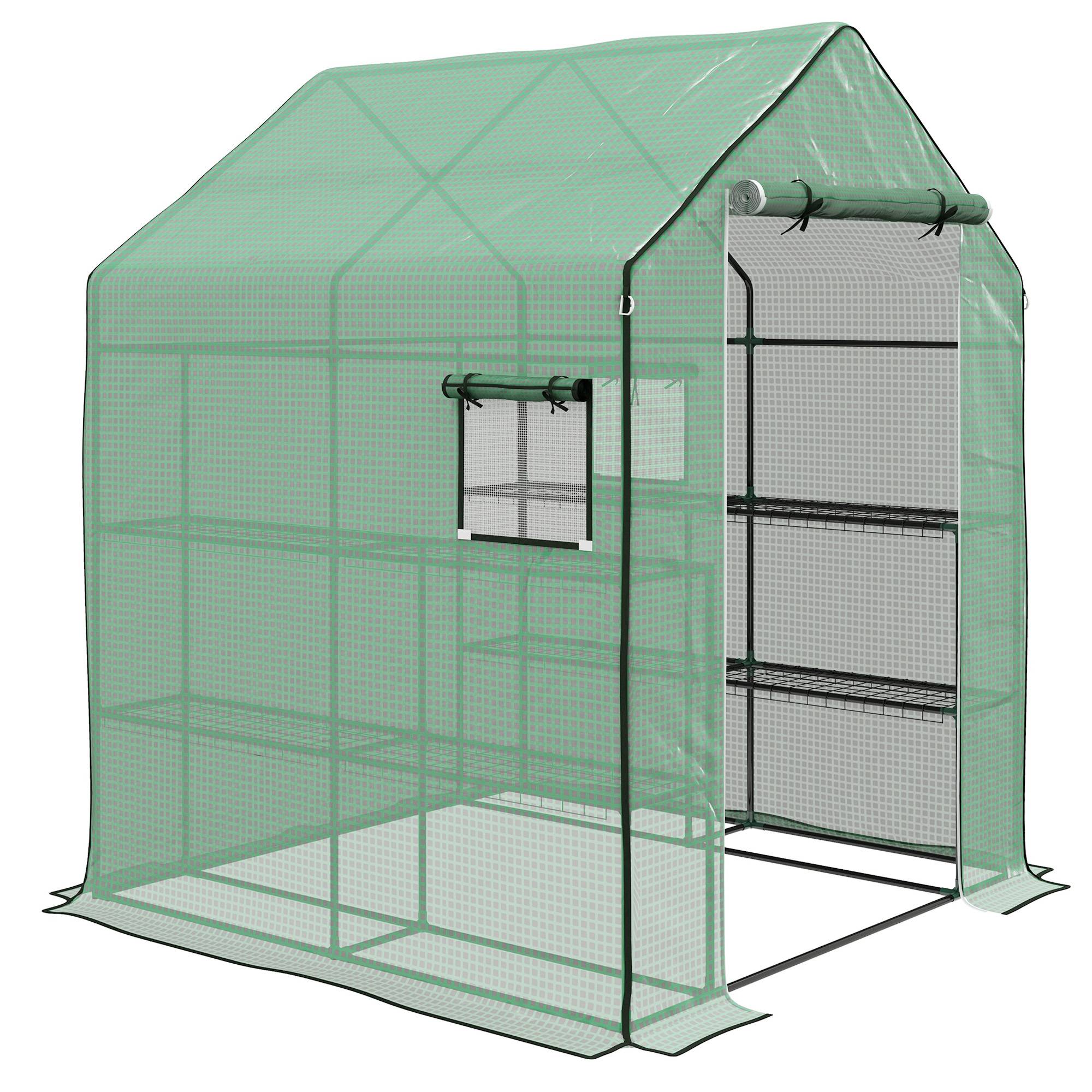 Outsunny - Serre de jardin PE avec étagères 3 niveaux, bâche 135g/m², porte zippée enroulable pour plantes 140x73x190cm acier vert - Outsunny - Image 1