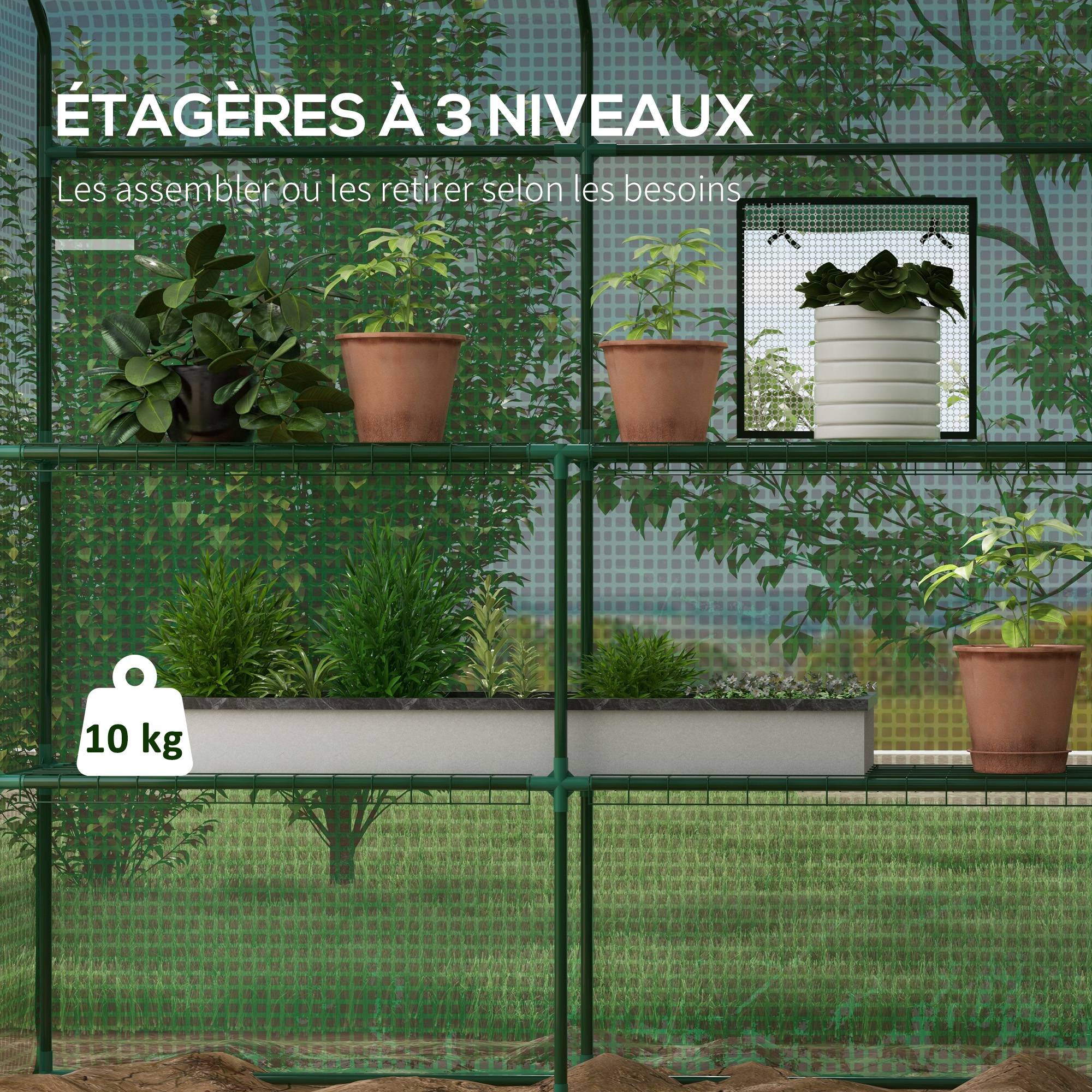 Outsunny - Serre de jardin PE avec étagères 3 niveaux, bâche 135g/m², porte zippée enroulable pour plantes 140x73x190cm acier vert - Outsunny - Image 5