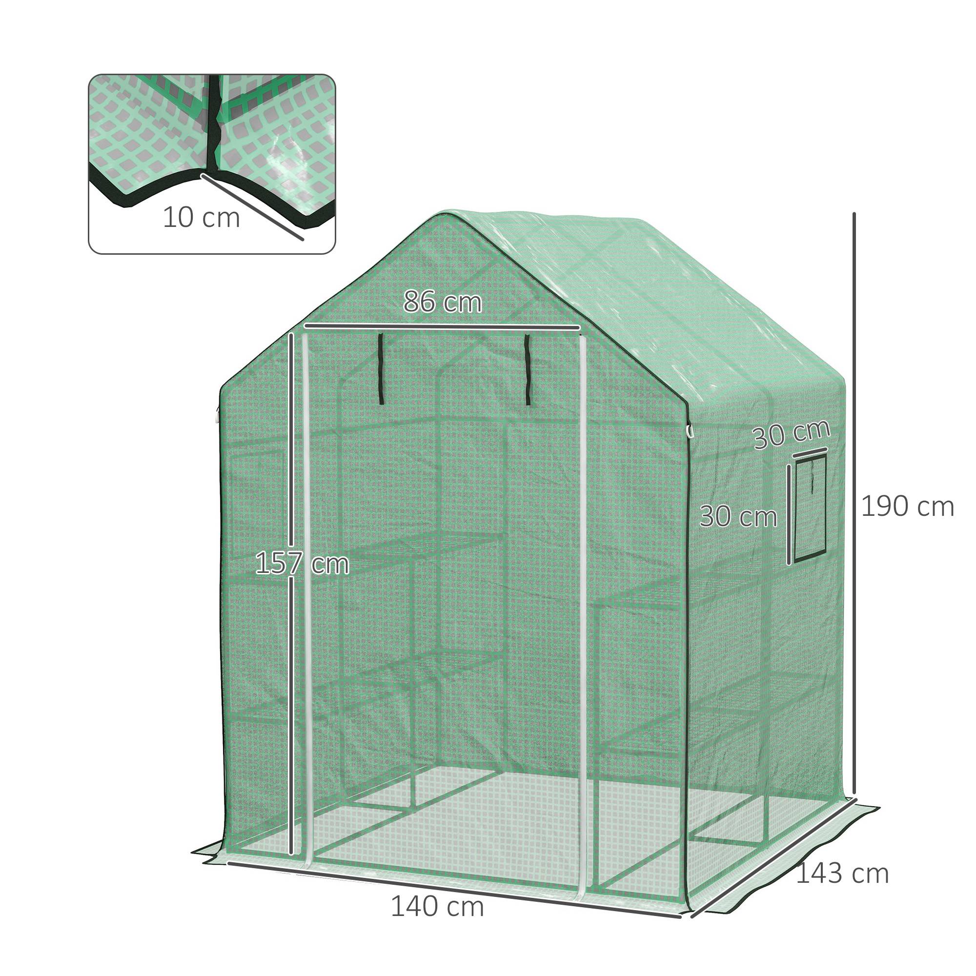 Outsunny - Serre de jardin PE avec étagères 3 niveaux, bâche 135g/m², porte zippée enroulable pour plantes 140x73x190cm acier vert - Outsunny - Image 3
