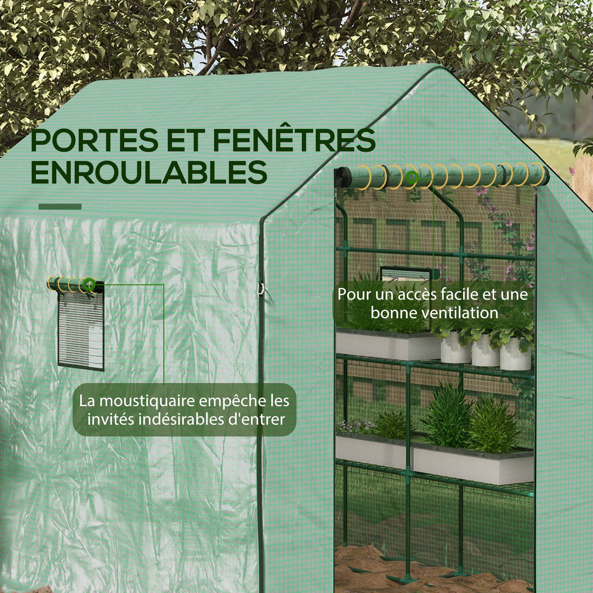 Outsunny - Serre de jardin PE avec étagères 3 niveaux, bâche 135g/m², porte zippée enroulable pour plantes 140x73x190cm acier vert - Outsunny - Image 7
