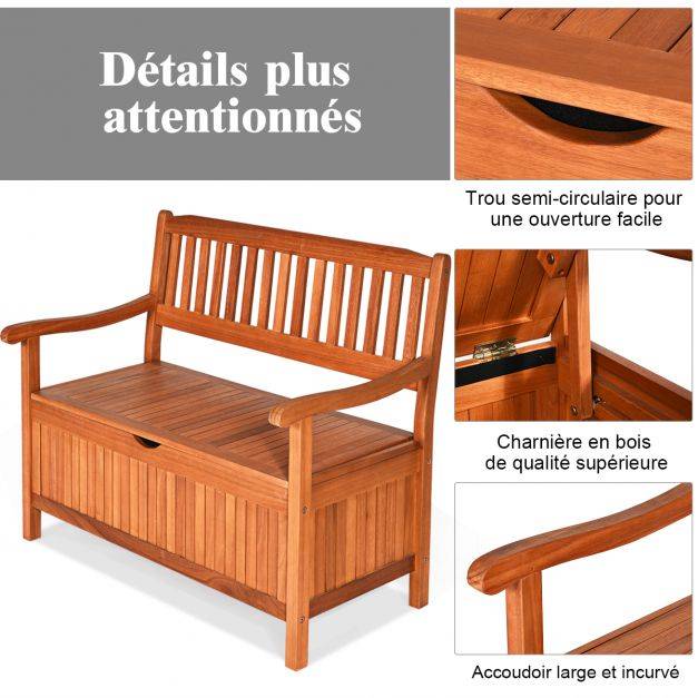 Helloshop26 - Banc de jardin 2 places 107 x 59 x 90 cm en bois d'eucalyptus avec compartiment de rangement pour jardin terrasse balcon - Imagen 2