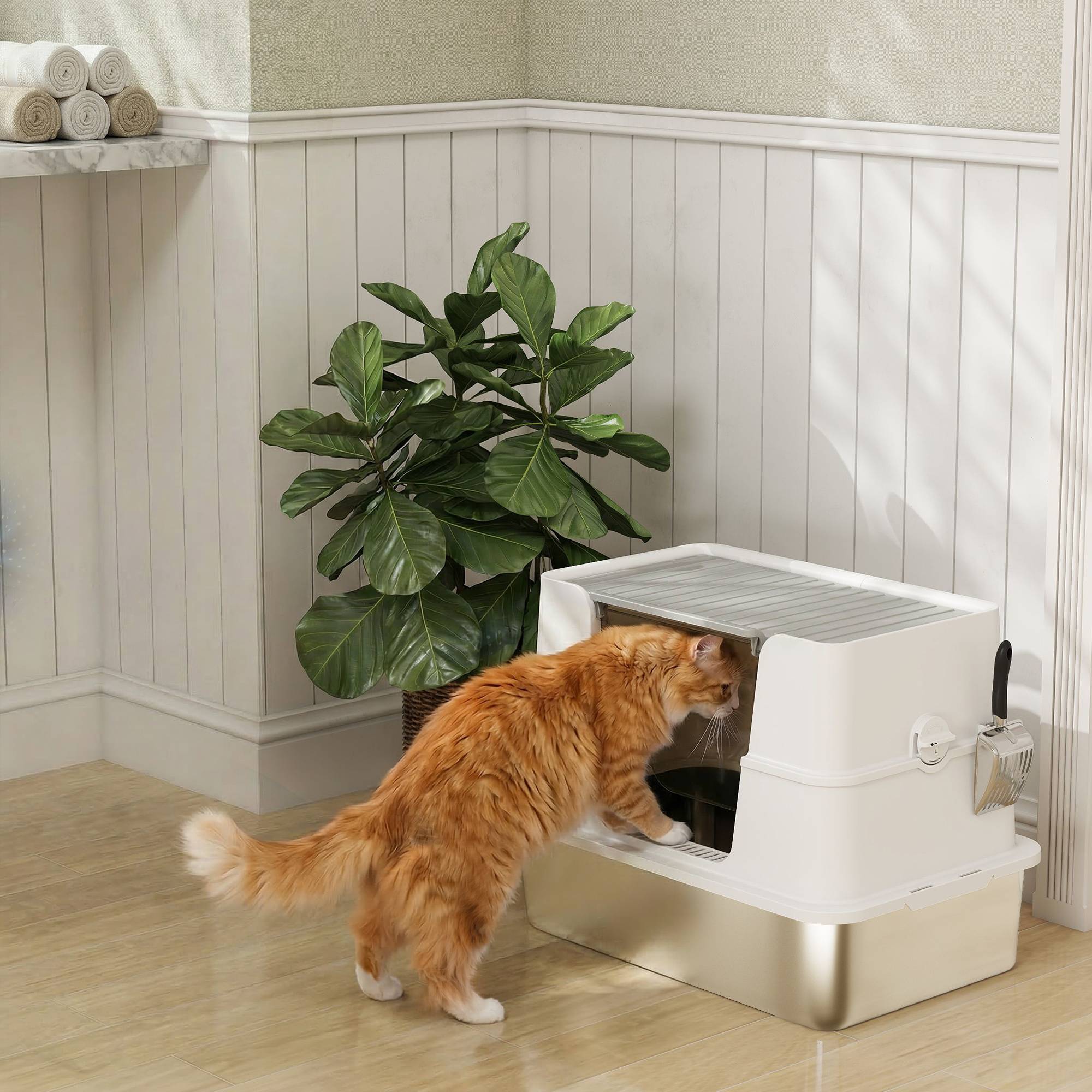 Bac à litière pour chat, en acier inoxydable, grand format, avec pelle, gris clair - Image 3