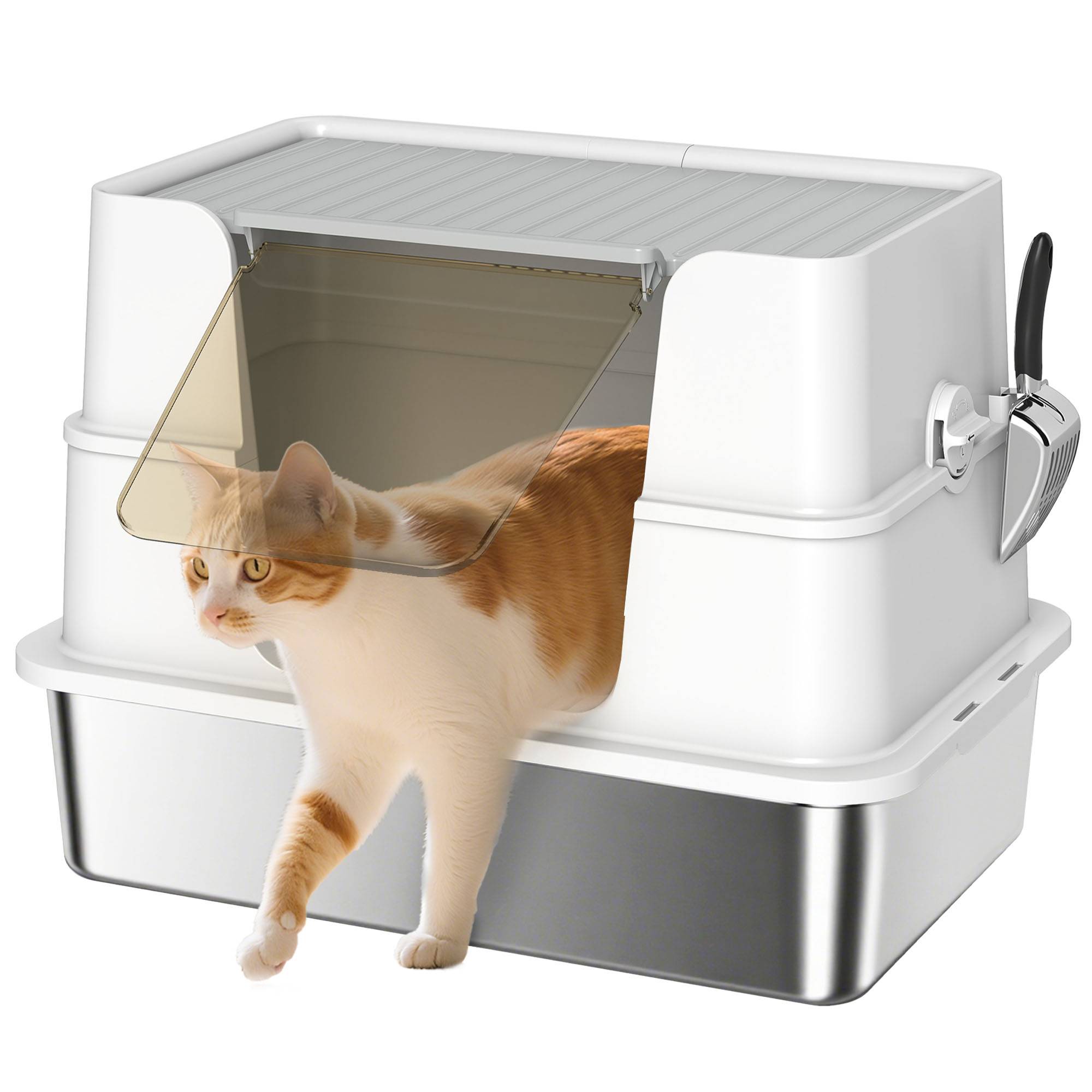 Bac à litière pour chat, en acier inoxydable, grand format, avec pelle, gris clair - Image 1