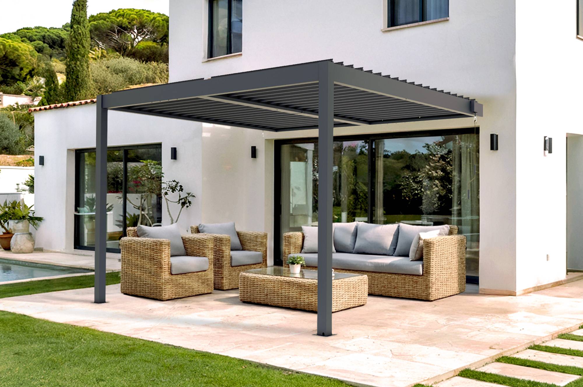 Pergola bioclimatique adossée PIANA 3x3 m aluminium gris - Lames orientables - Image 1