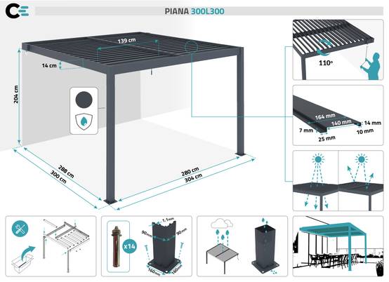 Pergola bioclimatique adossée PIANA 3x3 m aluminium gris - Lames orientables - Image 2