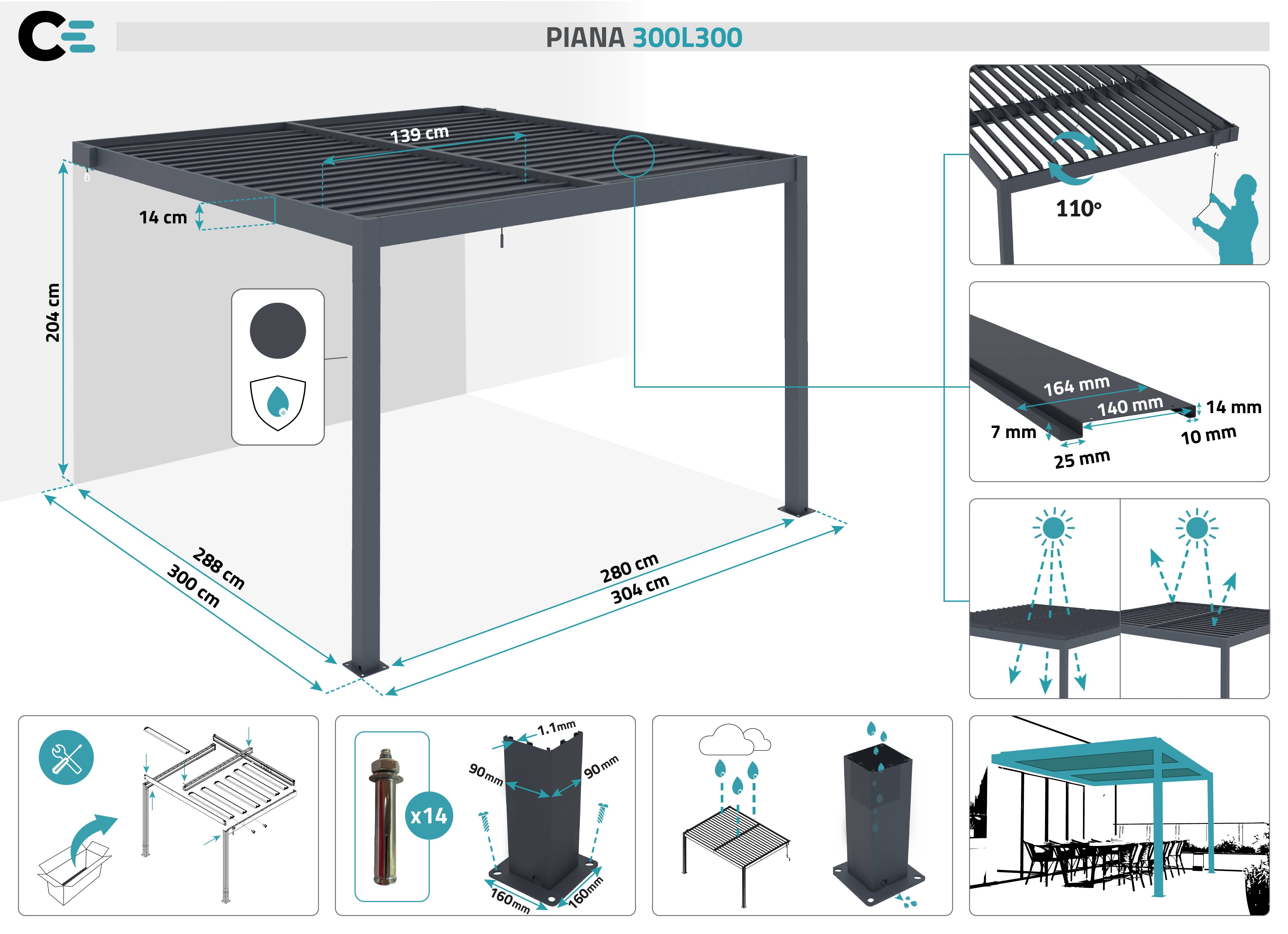 Pergola bioclimatique adossée PIANA 3x3 m aluminium gris - Lames orientables - Image 2