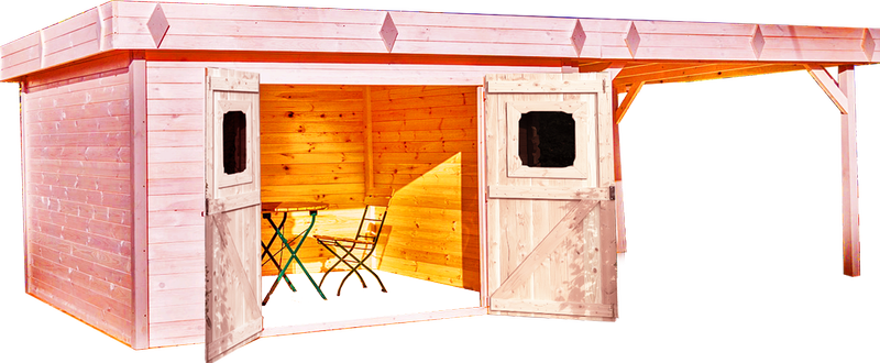 Habrita - Abri madriers 28 mm avec terrasse fabriqué en douglas massif - S.h.t. : 29,04 m2 - Toit plat couverture bac acier Habrita - Imagen 1