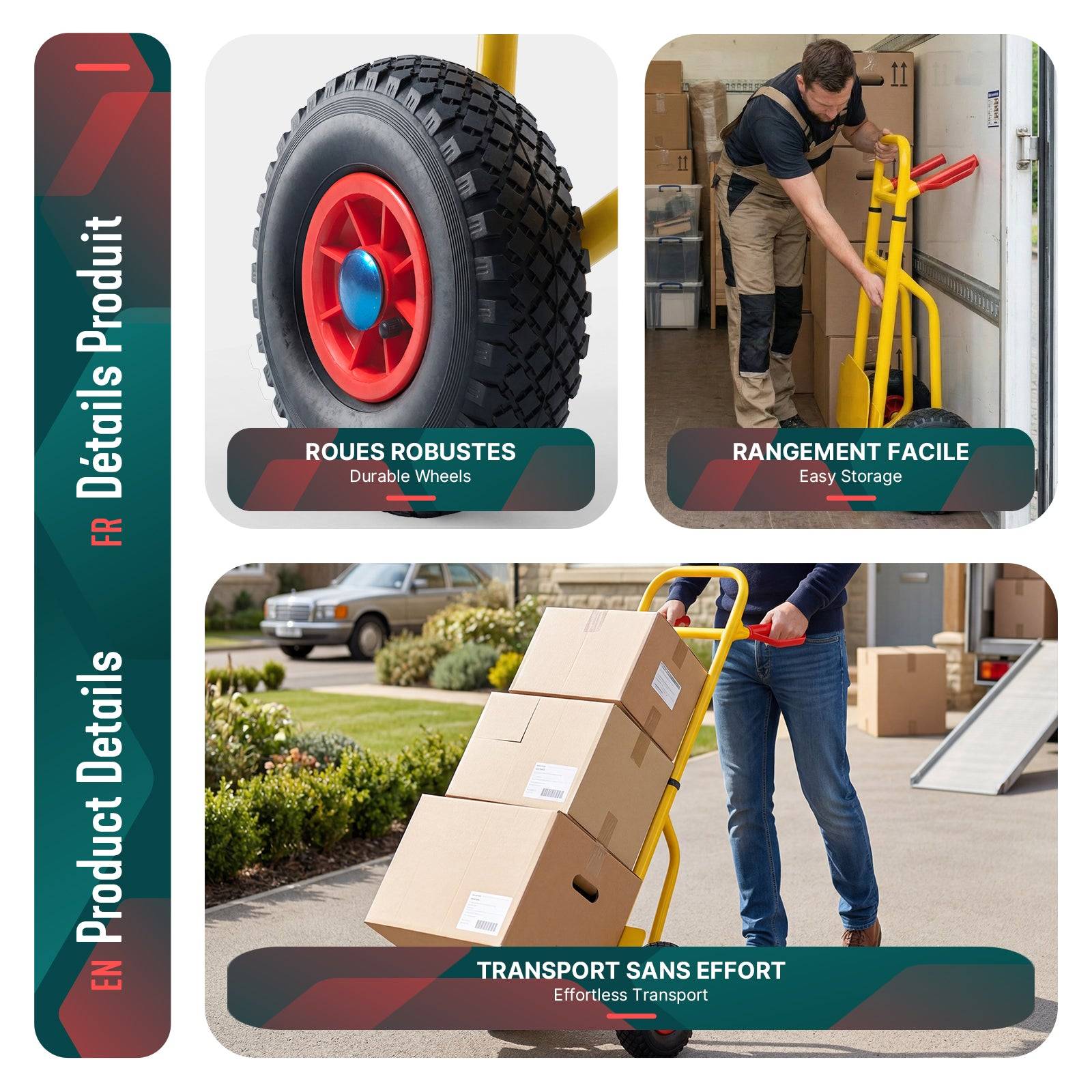 Vounot - Diable de transport pliable 200kg - Chariot de manutention avec roues gonflables et poignées ergonomiques - Jaune - VOUNOT® - Image 5