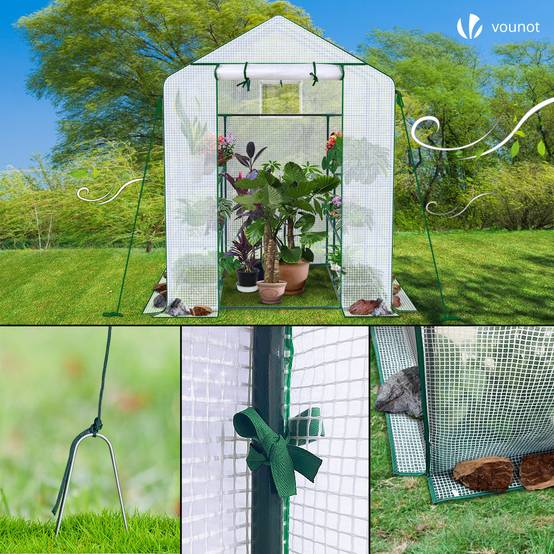 Serre de jardin avec étagères 143x215x195cm blanc - Bâche PE renforcée 135g/m² - Fenêtre moustiquaire, porte enroulable zippée - Image 7