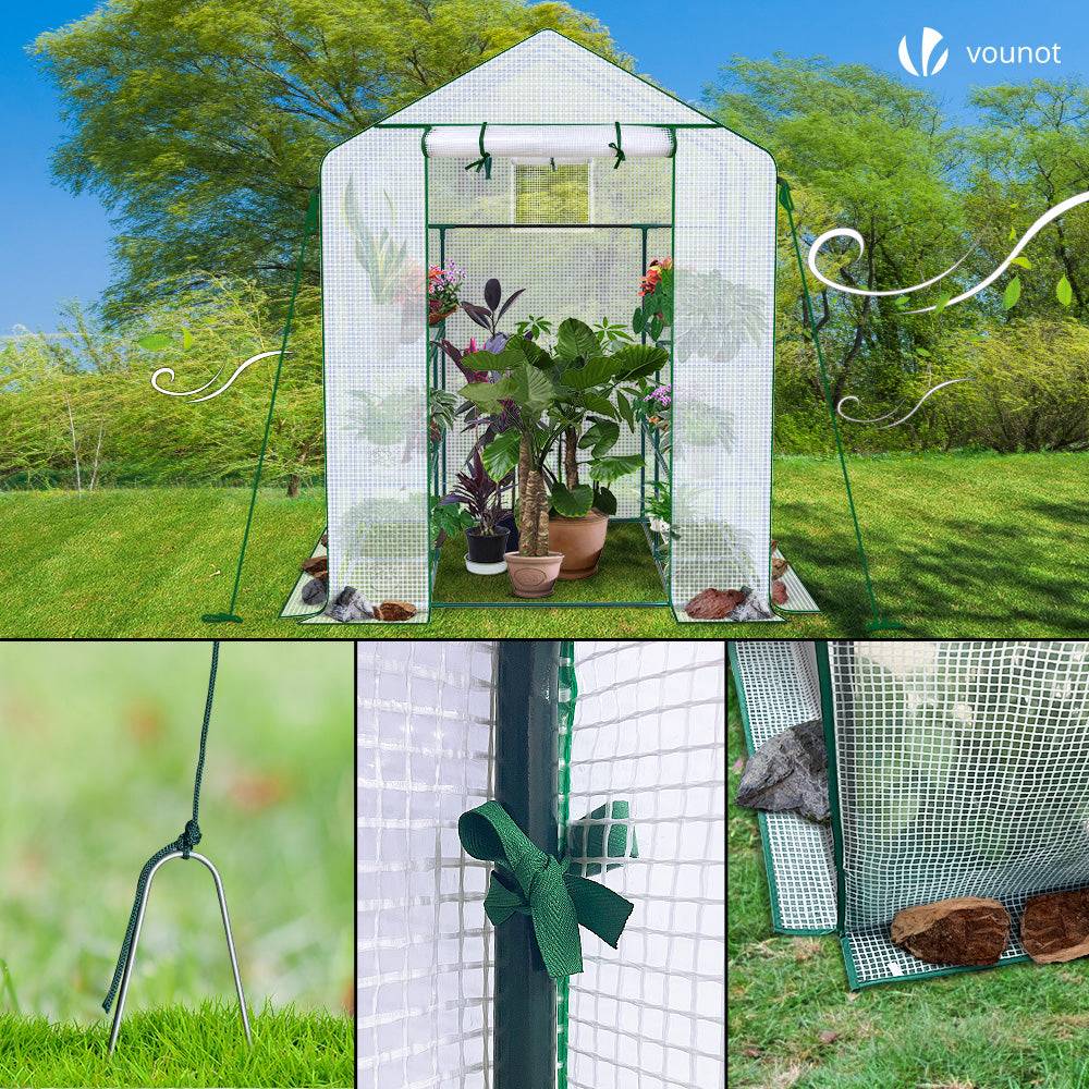 Serre de jardin avec étagères 143x215x195cm blanc - Bâche PE renforcée 135g/m² - Fenêtre moustiquaire, porte enroulable zippée - Image 7