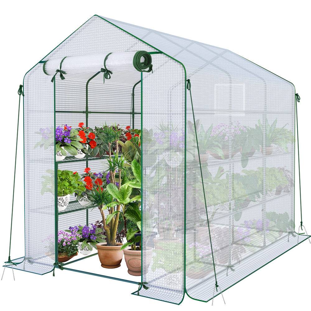 Serre de jardin avec étagères 143x215x195cm blanc - Bâche PE renforcée 135g/m² - Fenêtre moustiquaire, porte enroulable zippée