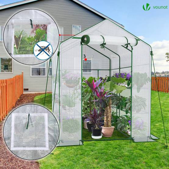 Serre de jardin avec étagères 143x215x195cm blanc - Bâche PE renforcée 135g/m² - Fenêtre moustiquaire, porte enroulable zippée - Image 2