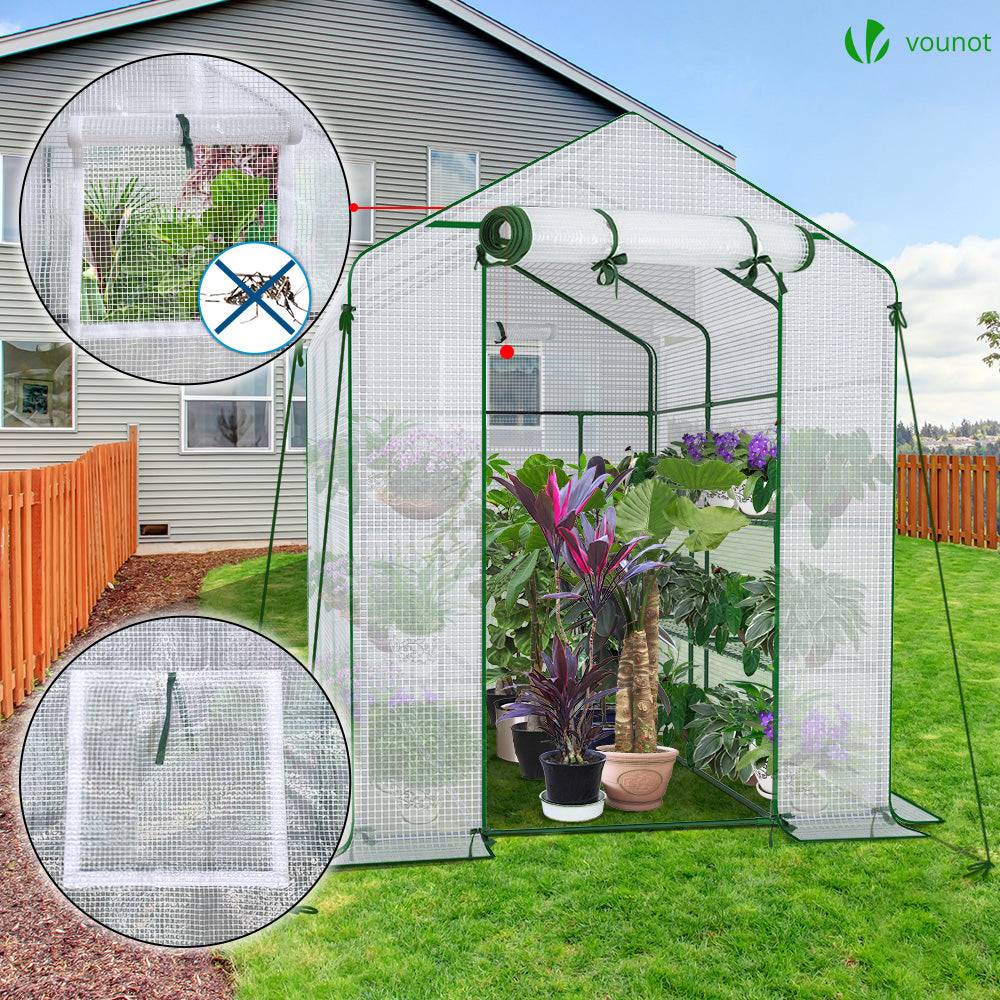 Serre de jardin avec étagères 143x215x195cm blanc - Bâche PE renforcée 135g/m² - Fenêtre moustiquaire, porte enroulable zippée - Image 2