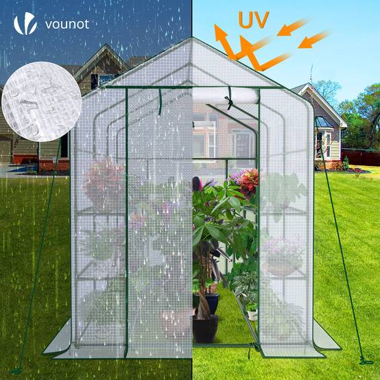 Serre de jardin avec étagères 143x215x195cm blanc - Bâche PE renforcée 135g/m² - Fenêtre moustiquaire, porte enroulable zippée - Image 4
