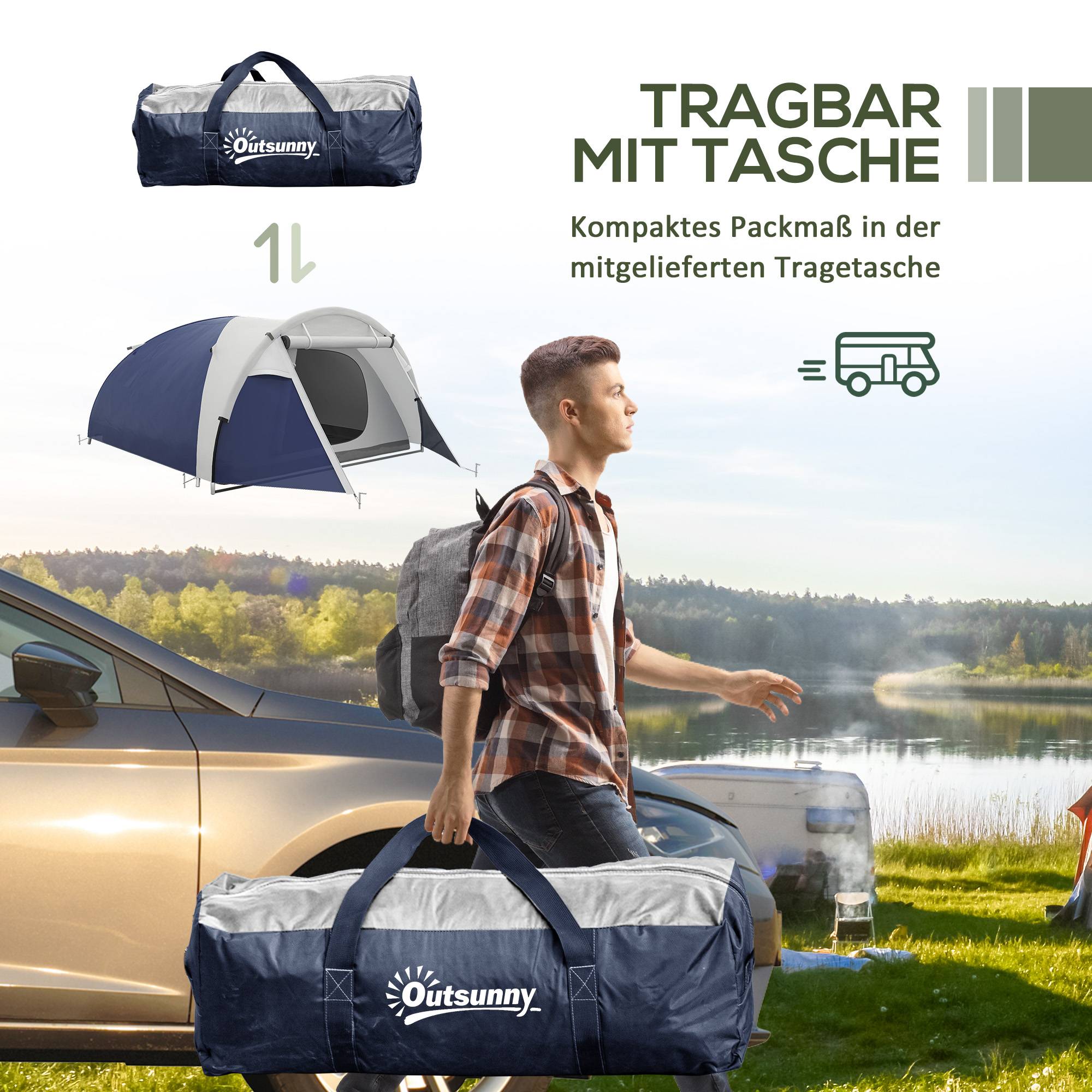 ComfortXL - Tente camping 3-4 personnes polyester fibre de verre 320 x 240 x 130 cm bleue imperméable randonnée famille - Image 7