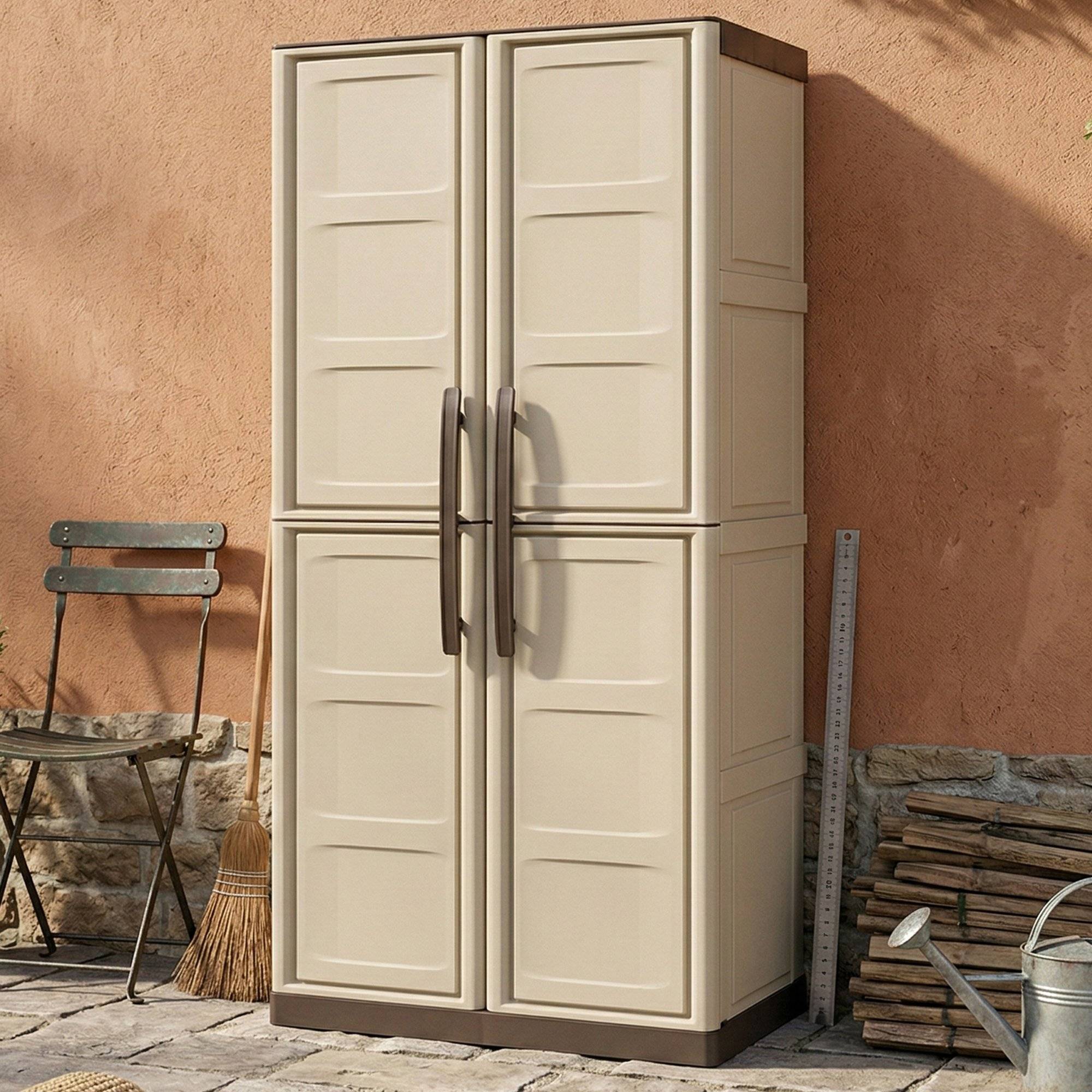 Dmora - Armoire d'extérieur Avelgem, Armoire de balcon polyvalente, armoire à balais 2 portes, 70x47h178 cm, Beige et Marron, Finition damier - Dmora - Imagen 2