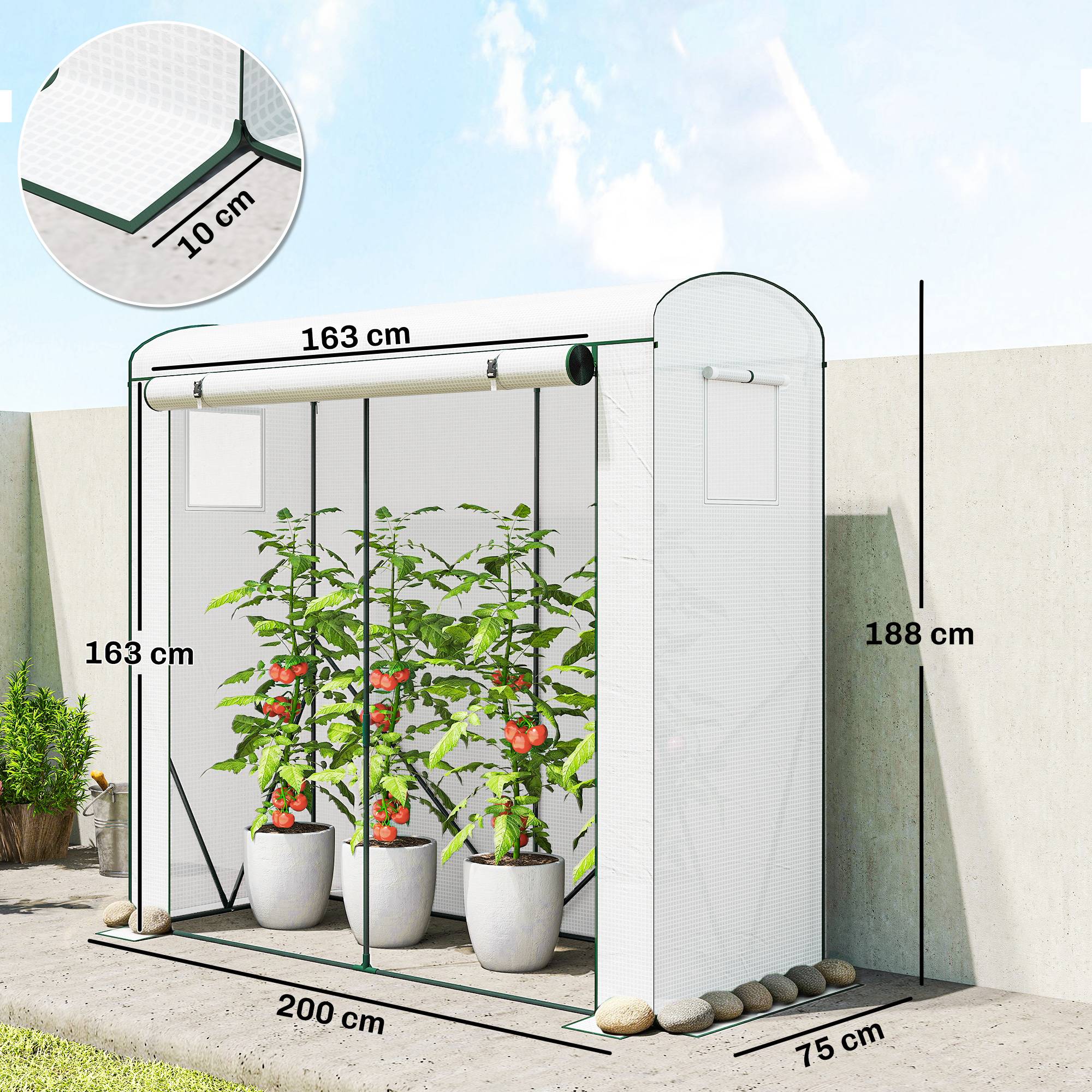 ComfortXL - Serre de jardin en acier et PE 200 x 75 x 188 cm blanche avec porte enroulable et 2 fenêtres moustiquaires - Image 3