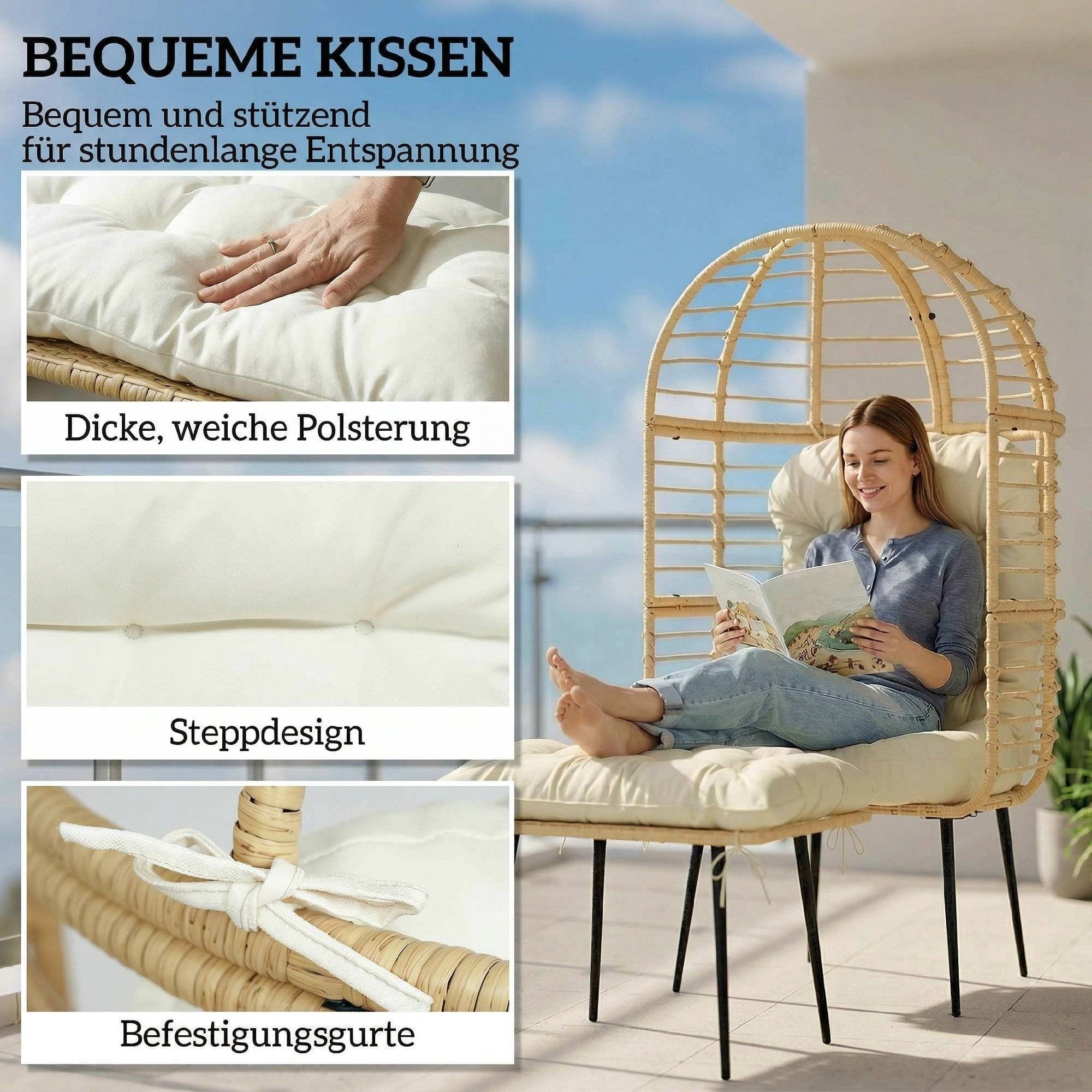 ComfortXL - Fauteuil de jardin œuf en résine tressée beige avec repose-pieds et coussins épais pour terrasse détente - Image 6